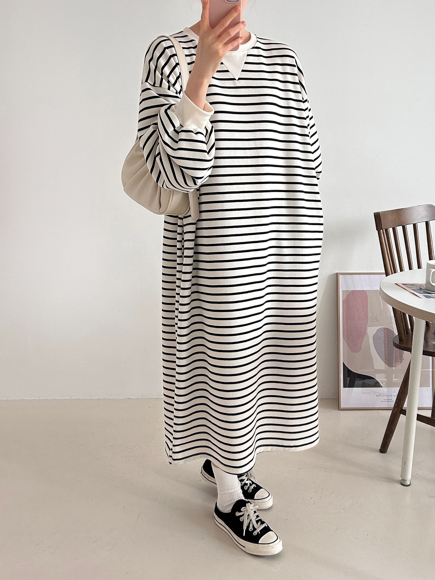 裏起毛ラウンドネックボクシーロングボーダーカラーワンピース | 詳細画像10