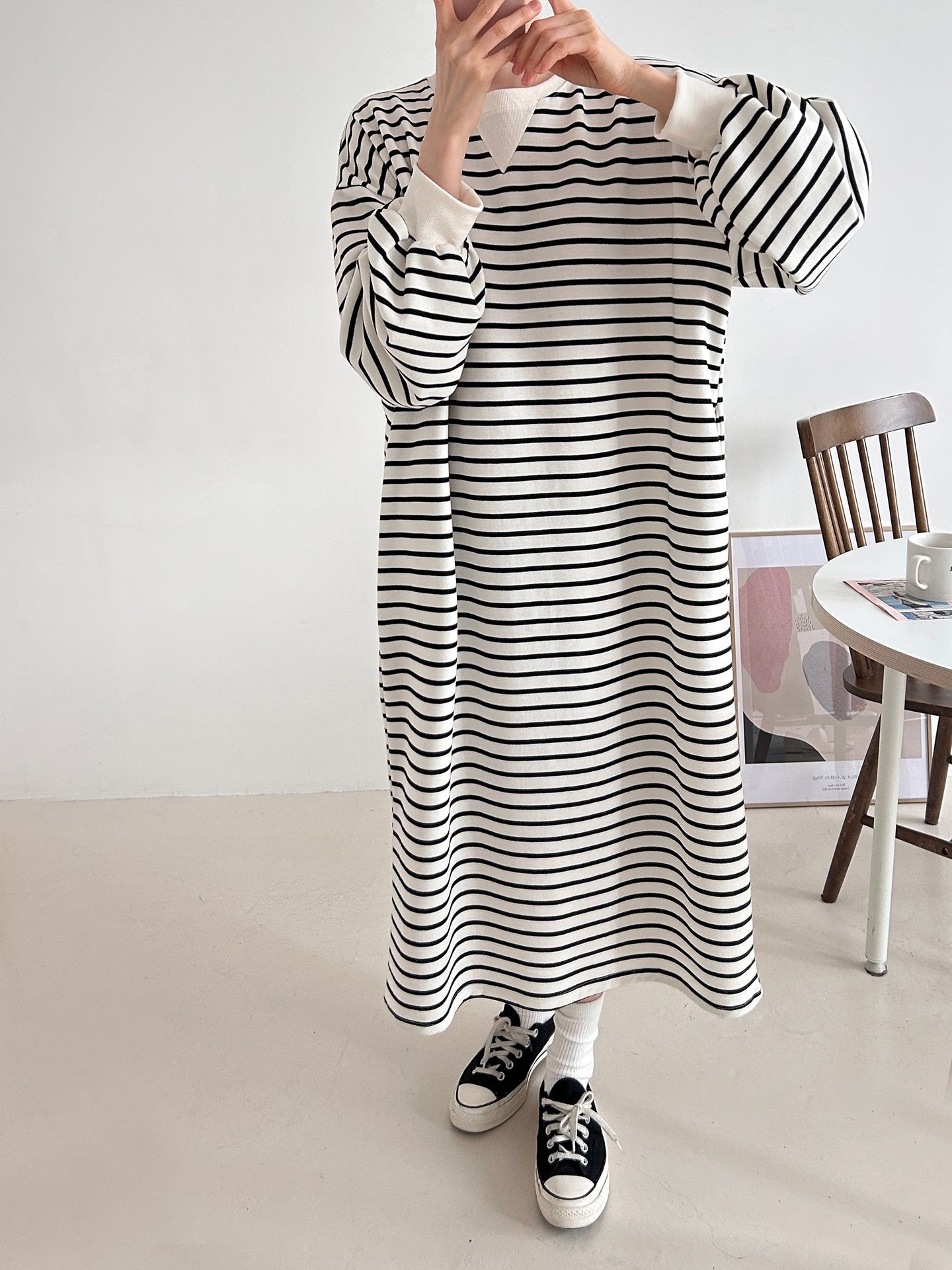 裏起毛ラウンドネックボクシーロングボーダーカラーワンピース | 詳細画像11