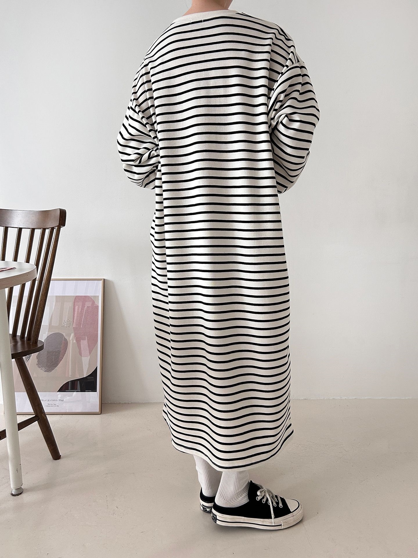 裏起毛ラウンドネックボクシーロングボーダーカラーワンピース | 詳細画像12