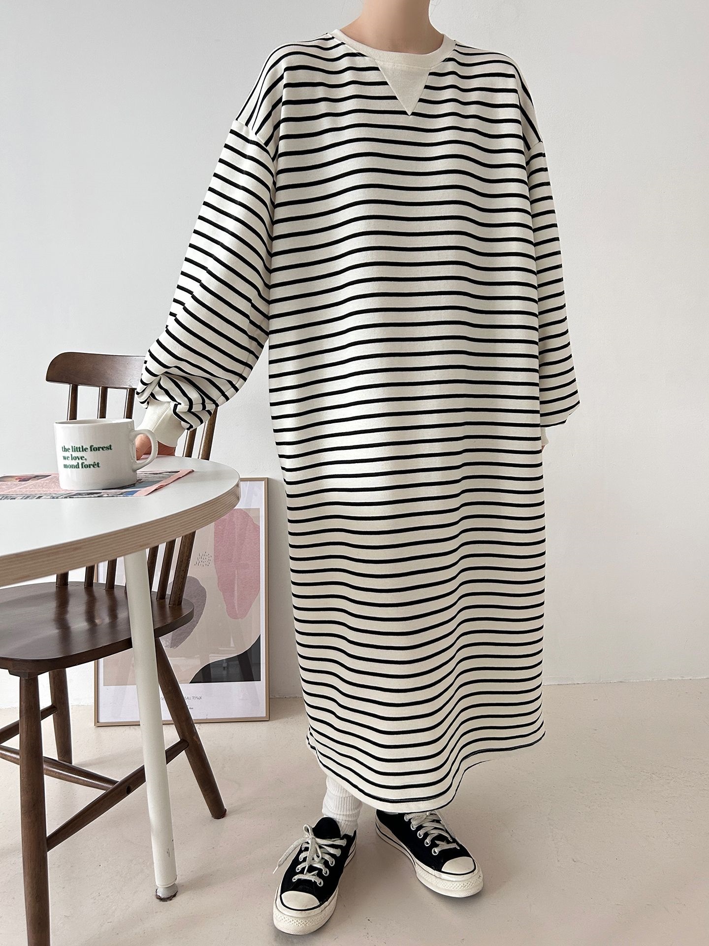 裏起毛ラウンドネックボクシーロングボーダーカラーワンピース | 詳細画像13