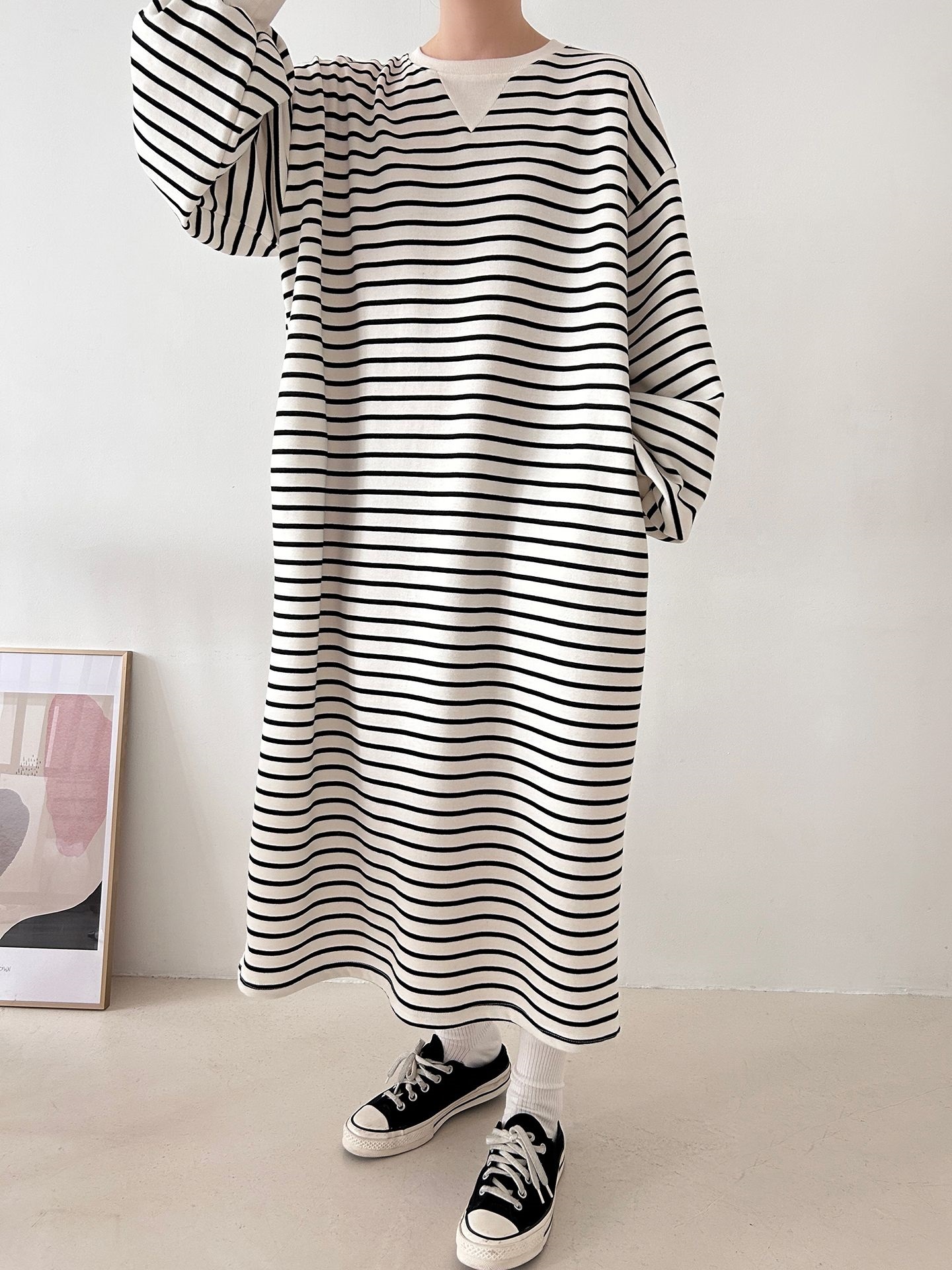 裏起毛ラウンドネックボクシーロングボーダーカラーワンピース | 詳細画像14