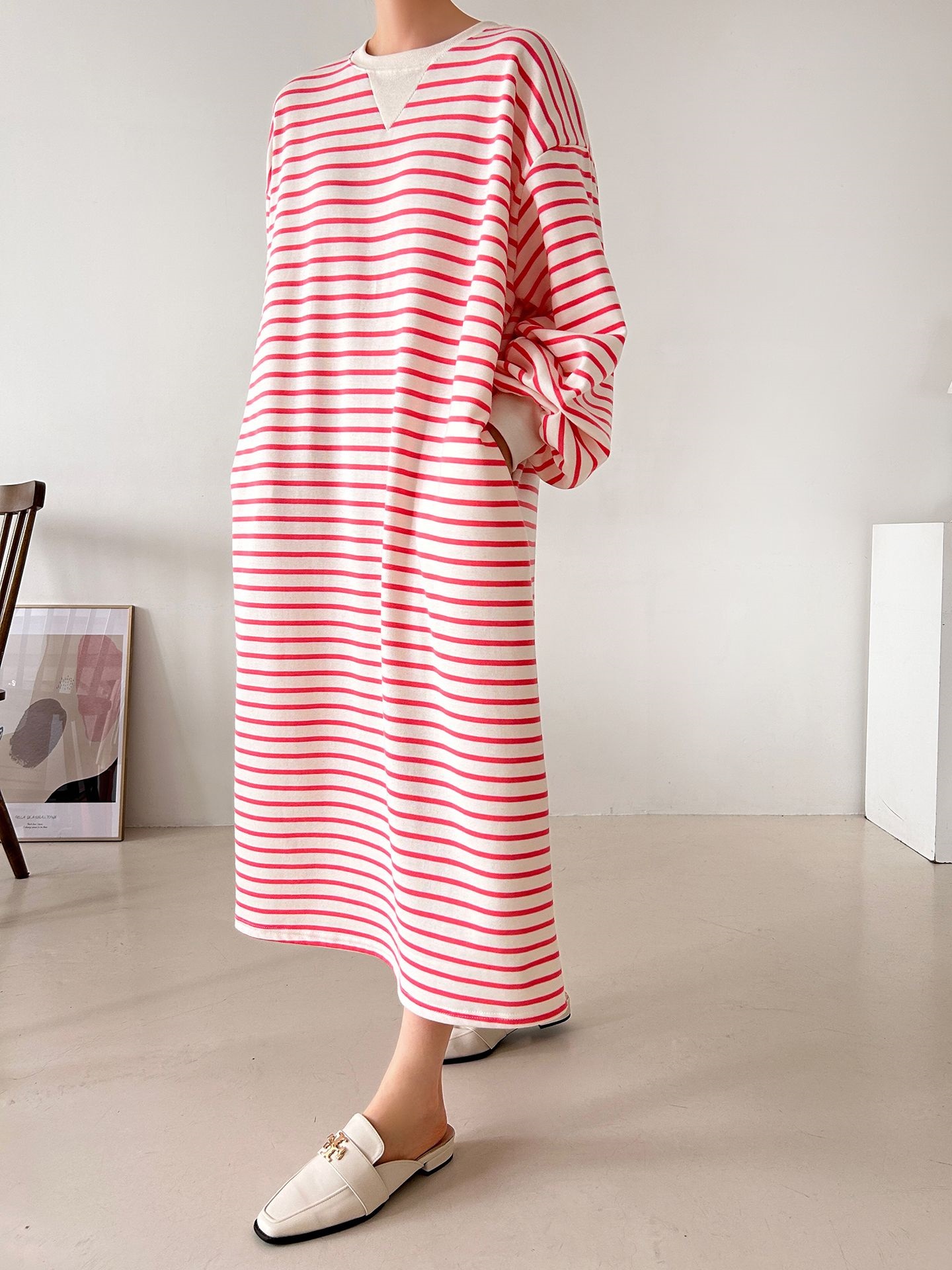 裏起毛ラウンドネックボクシーロングボーダーカラーワンピース | 詳細画像15