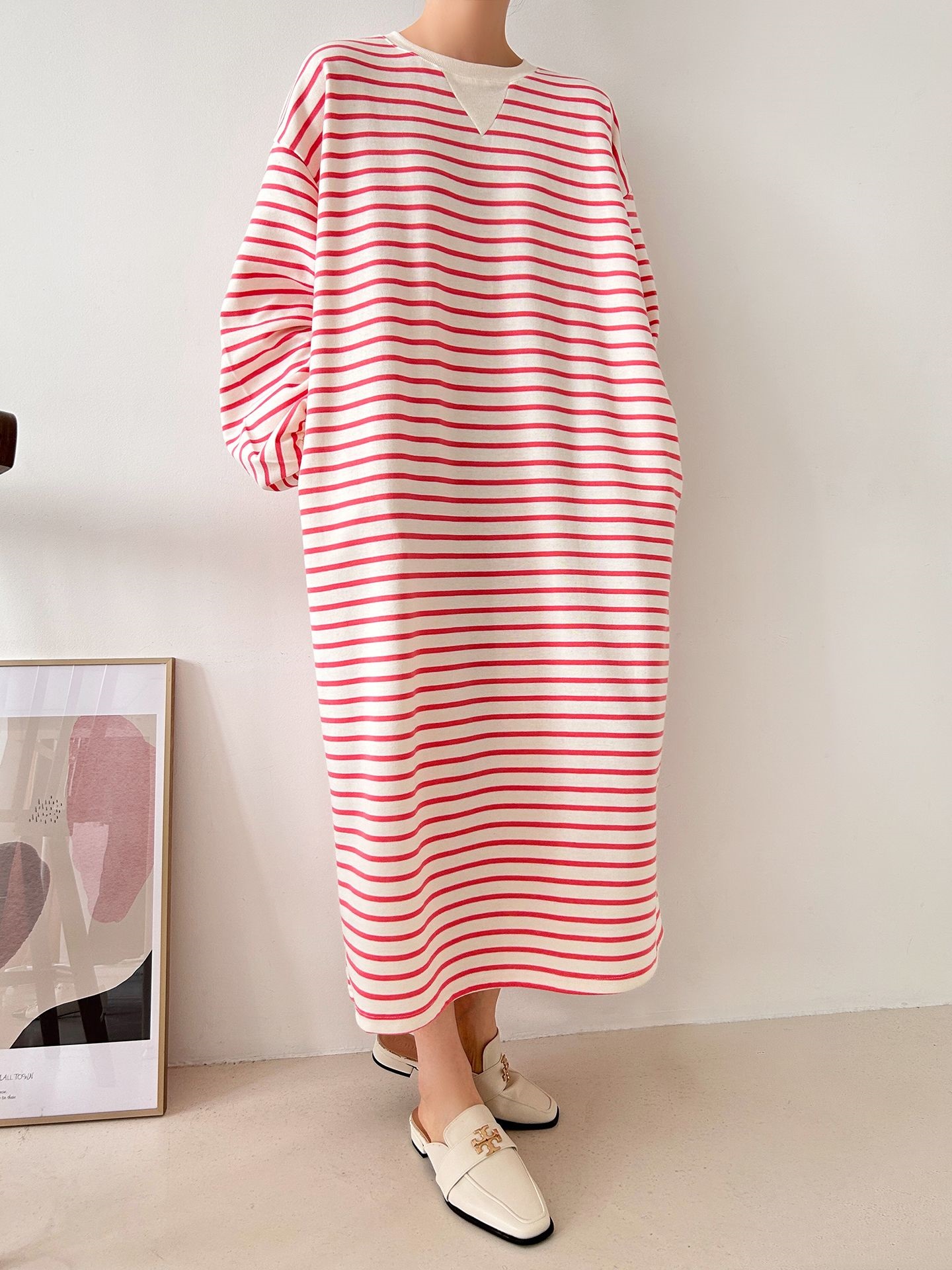 裏起毛ラウンドネックボクシーロングボーダーカラーワンピース | 詳細画像16