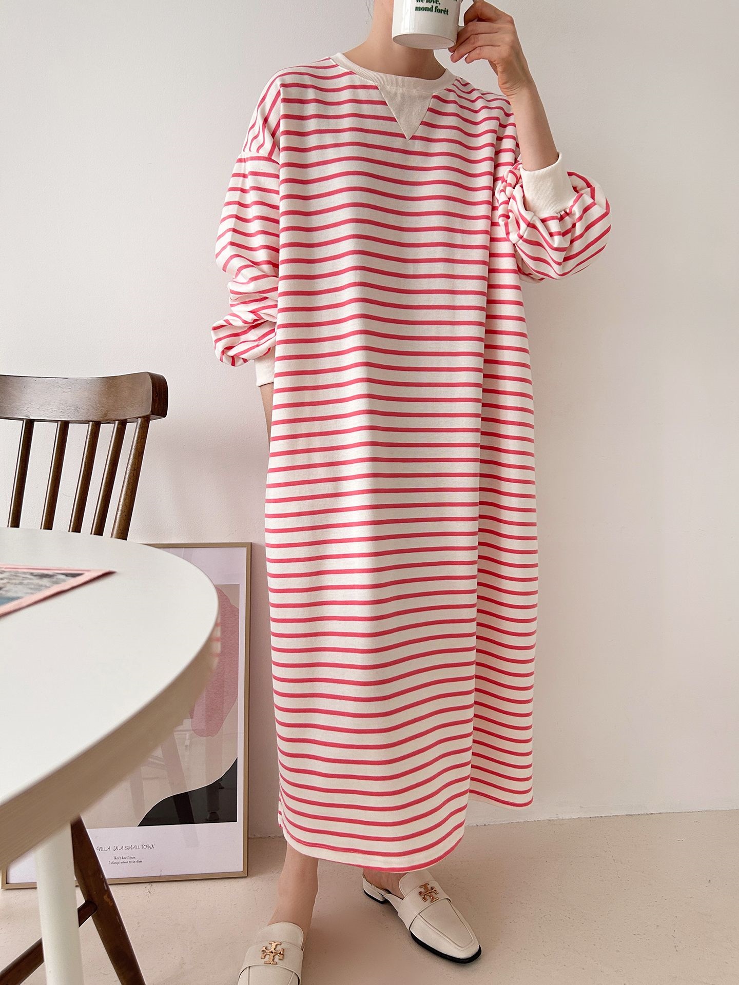 裏起毛ラウンドネックボクシーロングボーダーカラーワンピース | 詳細画像17