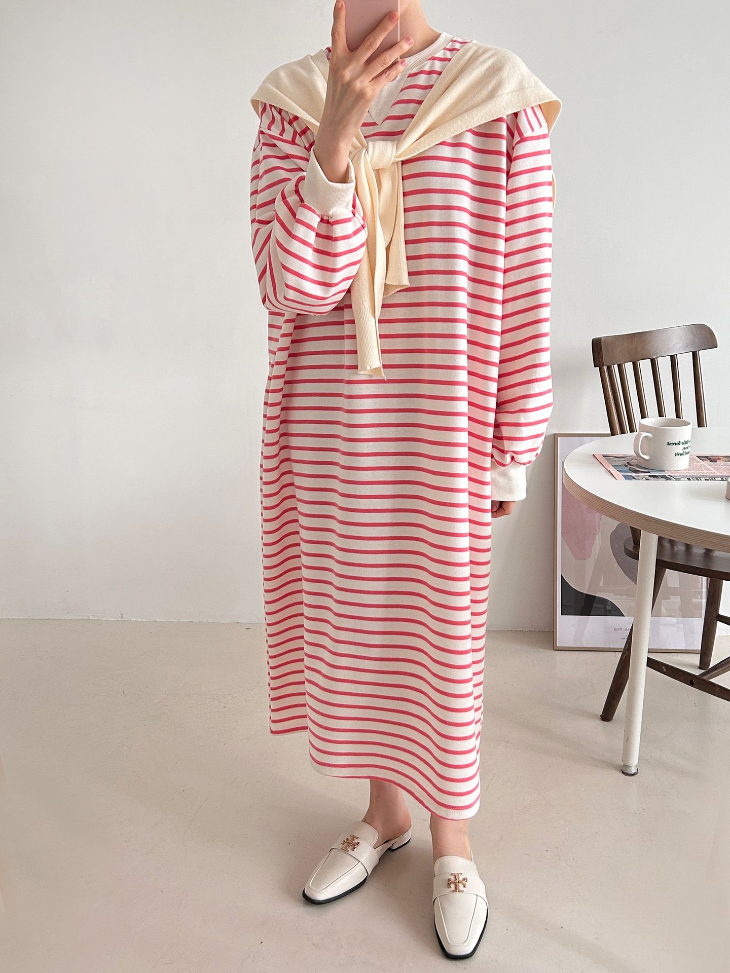 裏起毛ラウンドネックボクシーロングボーダーカラーワンピース | 詳細画像18