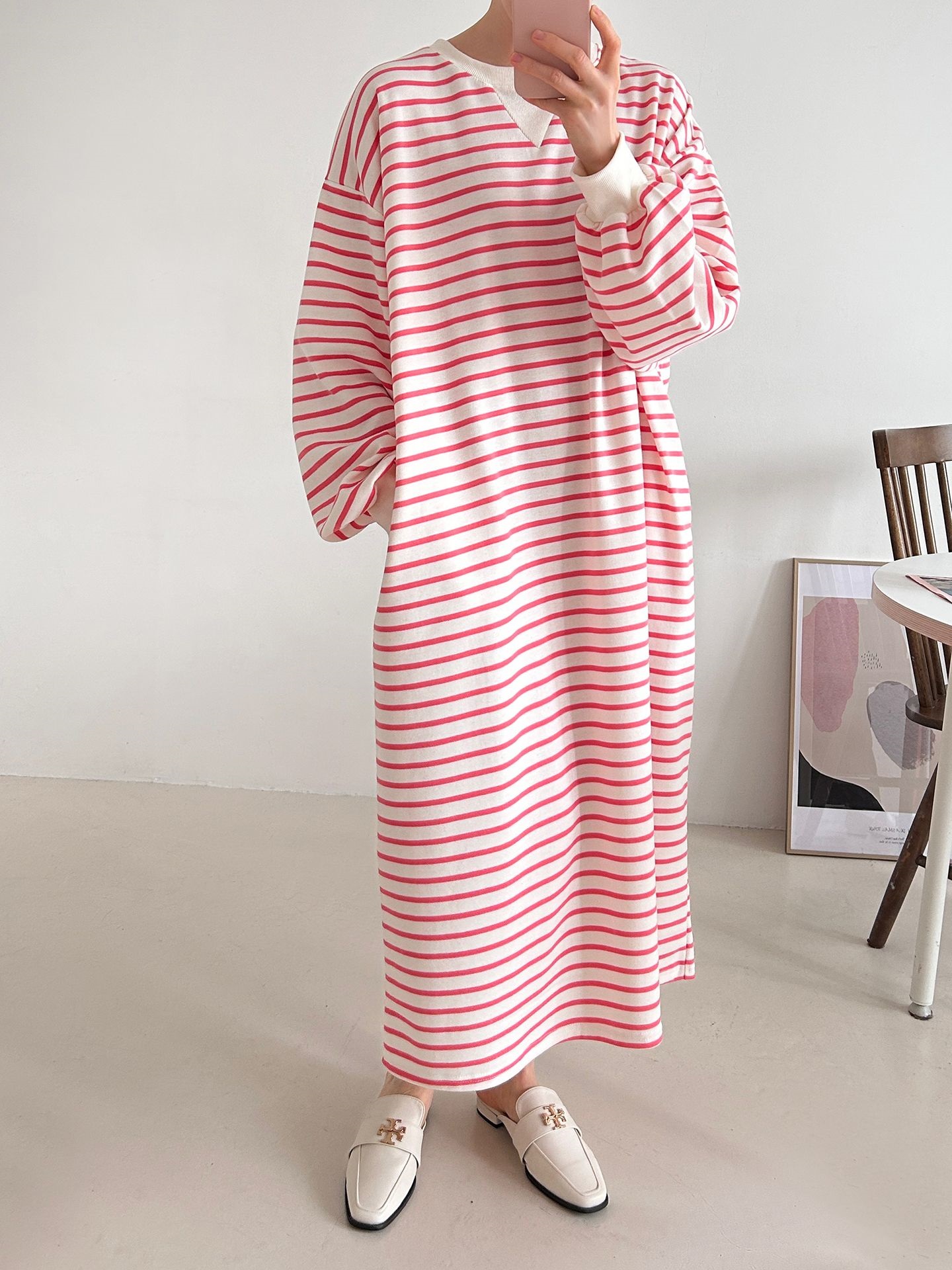 裏起毛ラウンドネックボクシーロングボーダーカラーワンピース | 詳細画像19