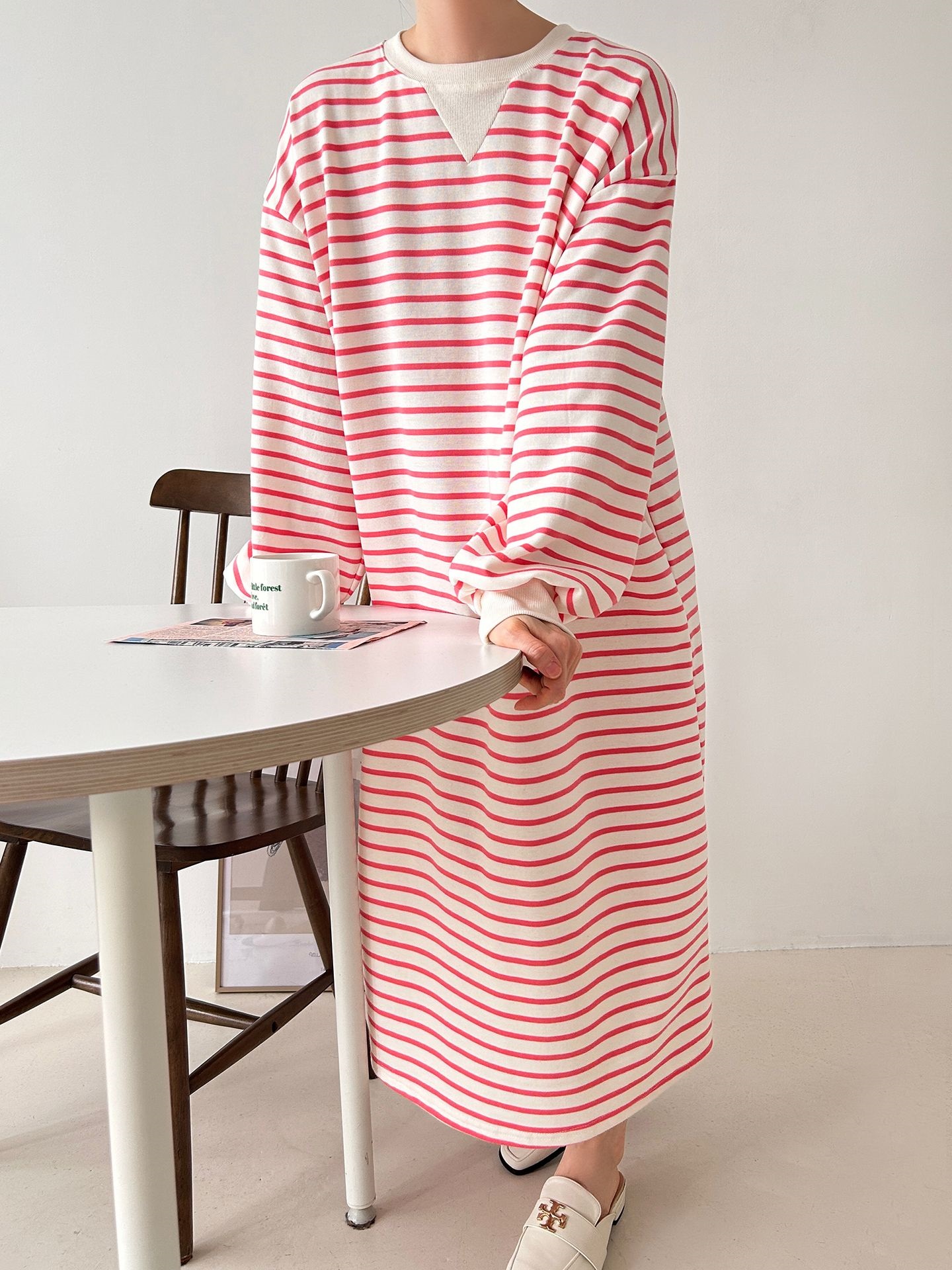 裏起毛ラウンドネックボクシーロングボーダーカラーワンピース | 詳細画像20