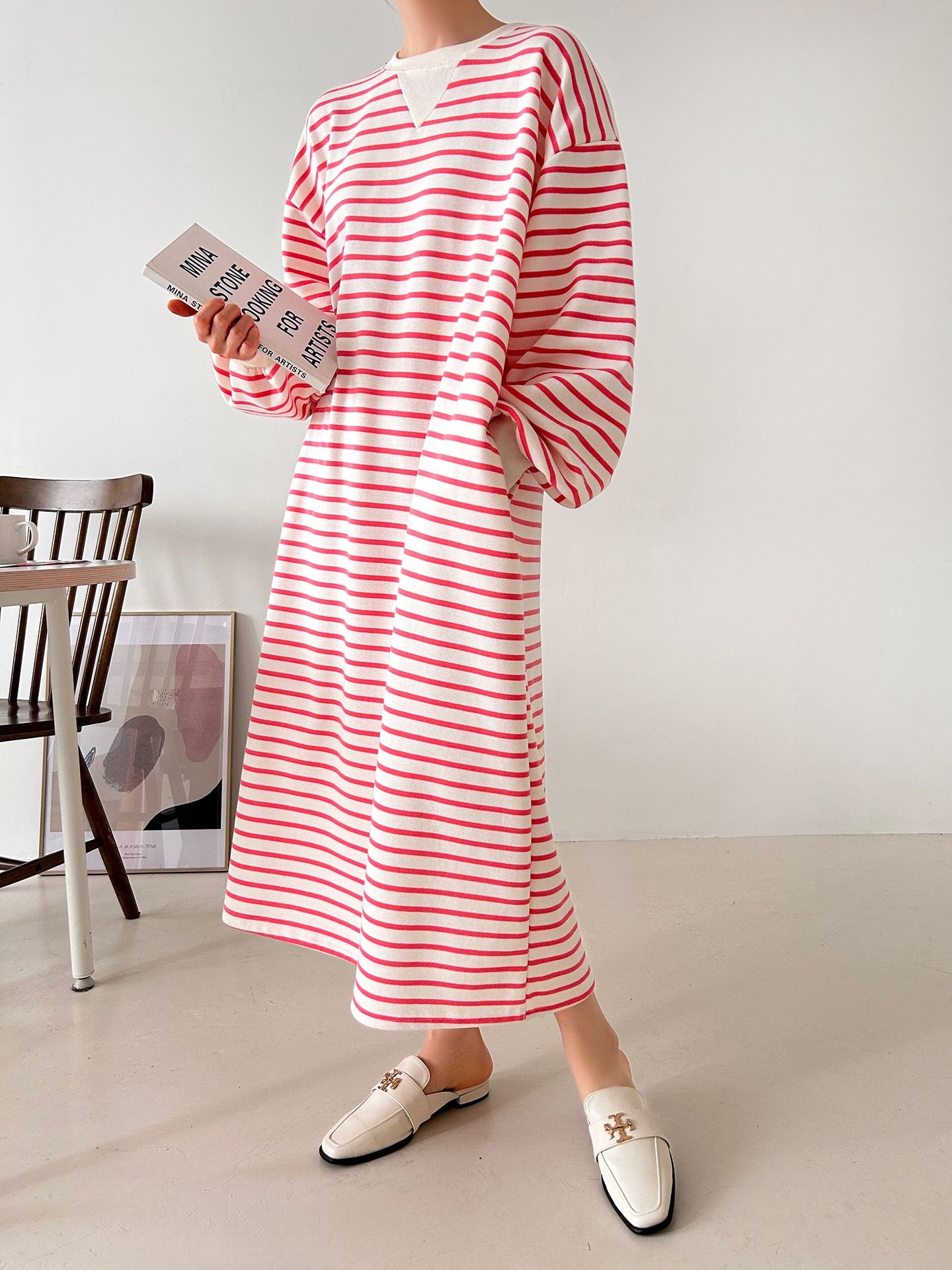 裏起毛ラウンドネックボクシーロングボーダーカラーワンピース | 詳細画像21