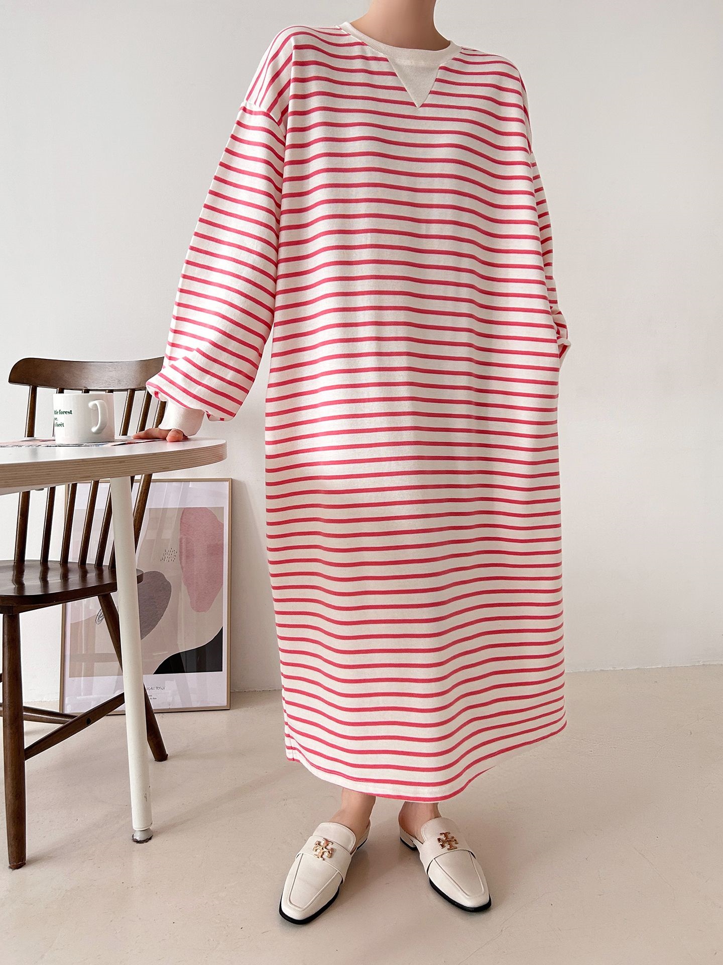 裏起毛ラウンドネックボクシーロングボーダーカラーワンピース | 詳細画像22