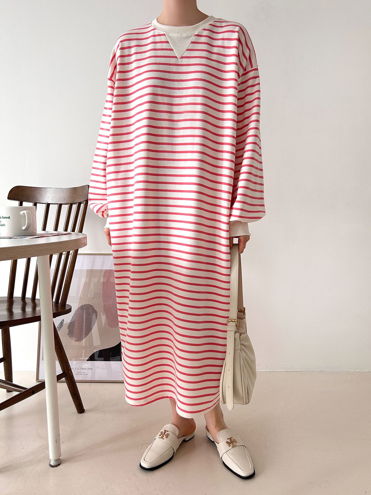 裏起毛ラウンドネックボクシーロングボーダーカラーワンピース | 詳細画像23