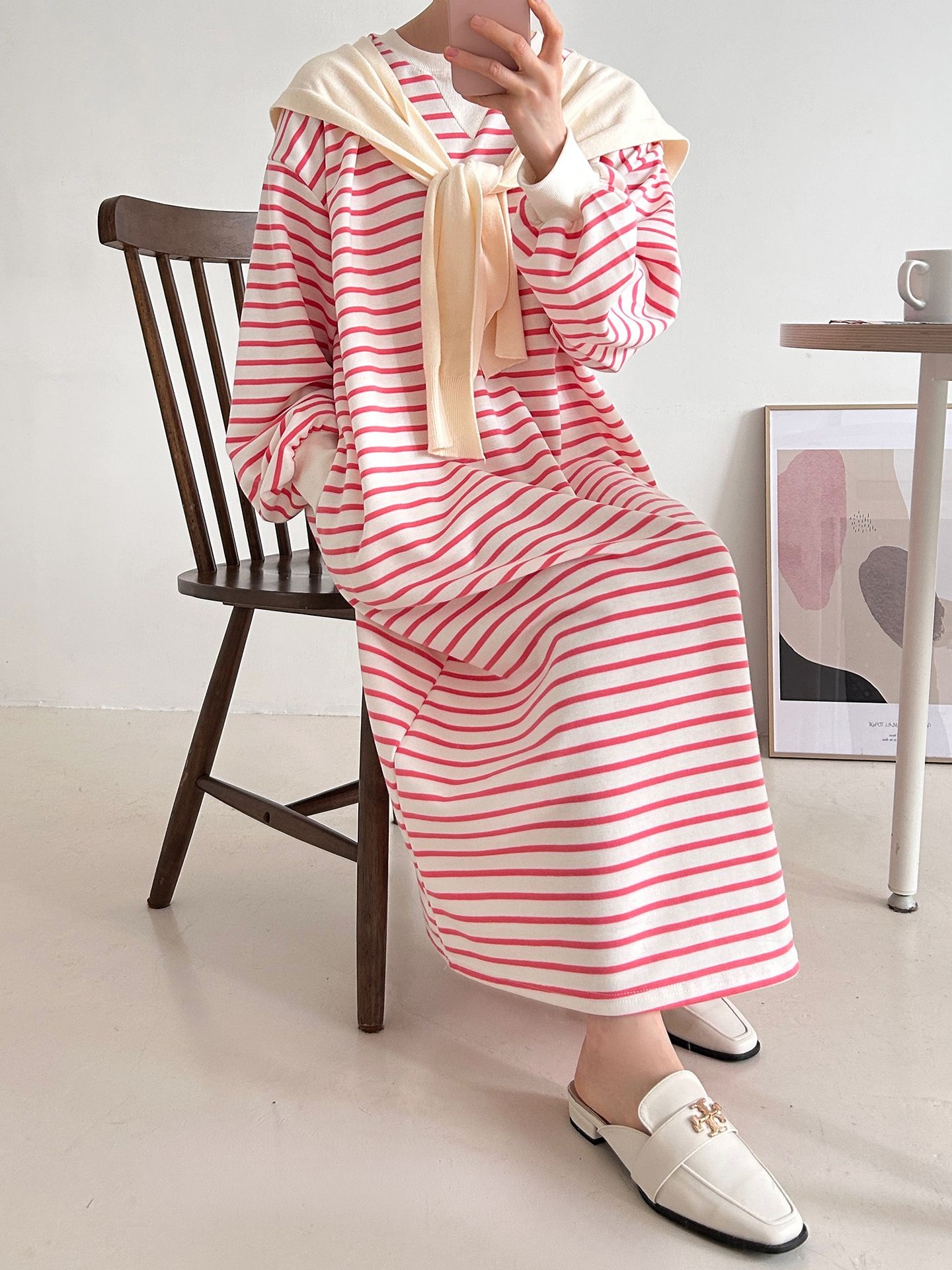 裏起毛ラウンドネックボクシーロングボーダーカラーワンピース | 詳細画像24