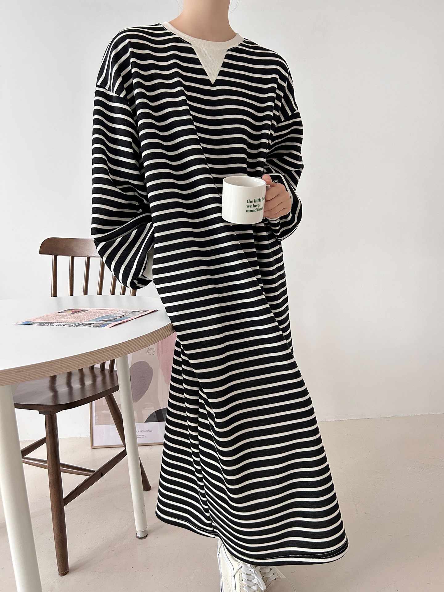 裏起毛ラウンドネックボクシーロングボーダーカラーワンピース | 詳細画像25