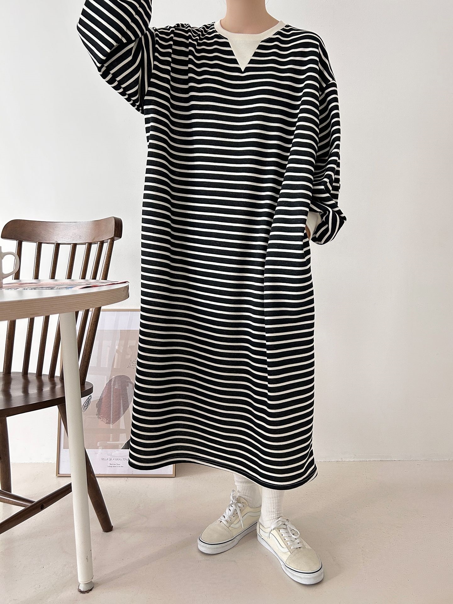 裏起毛ラウンドネックボクシーロングボーダーカラーワンピース | 詳細画像26