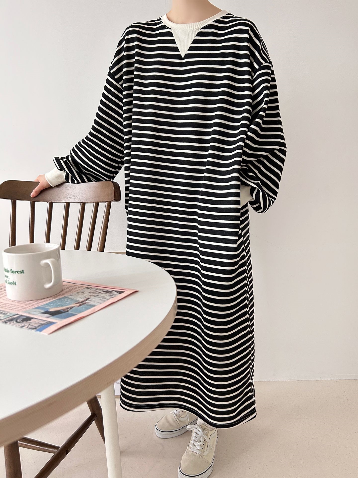 裏起毛ラウンドネックボクシーロングボーダーカラーワンピース | 詳細画像27