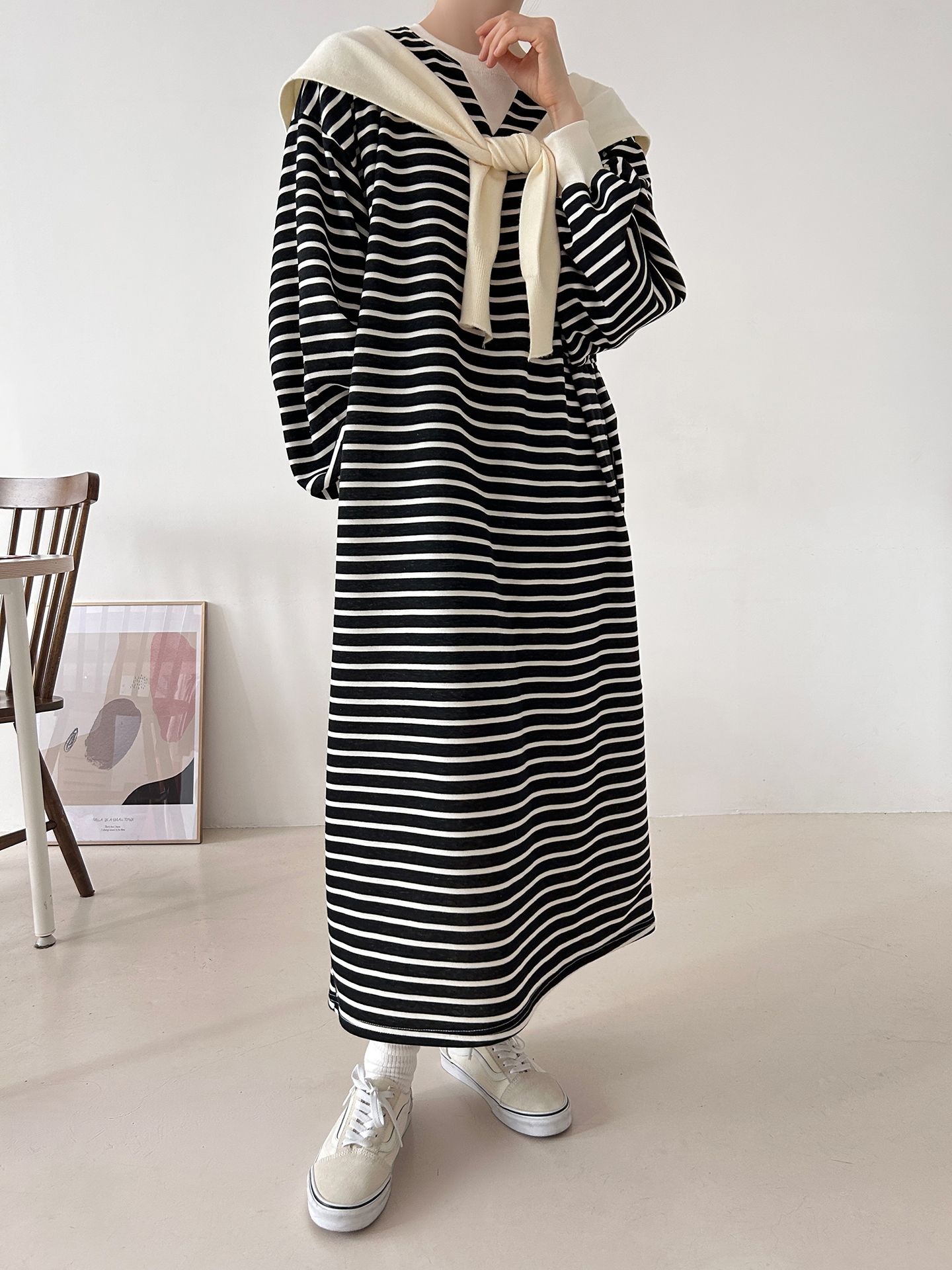 裏起毛ラウンドネックボクシーロングボーダーカラーワンピース | 詳細画像28