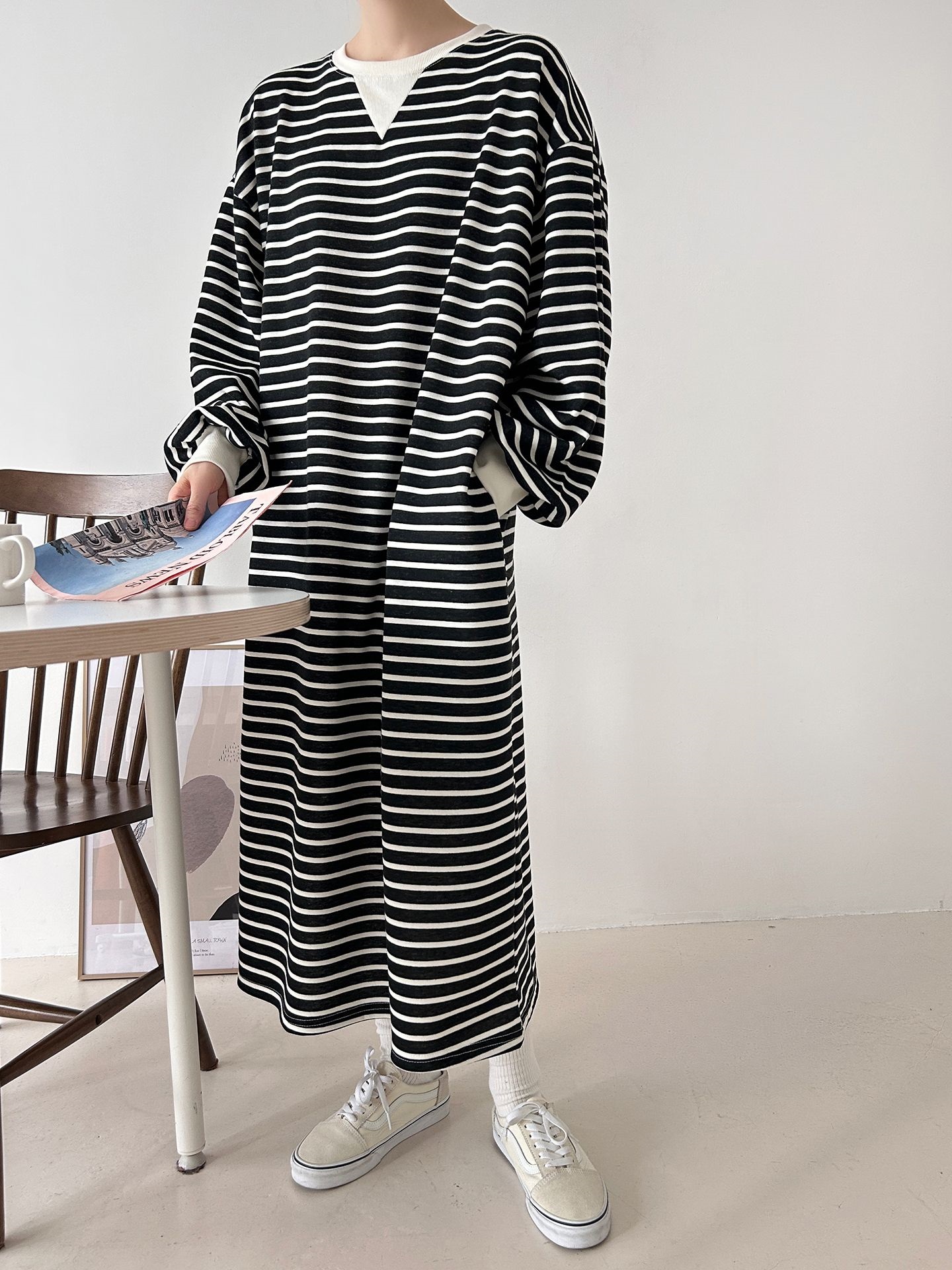 裏起毛ラウンドネックボクシーロングボーダーカラーワンピース | 詳細画像29