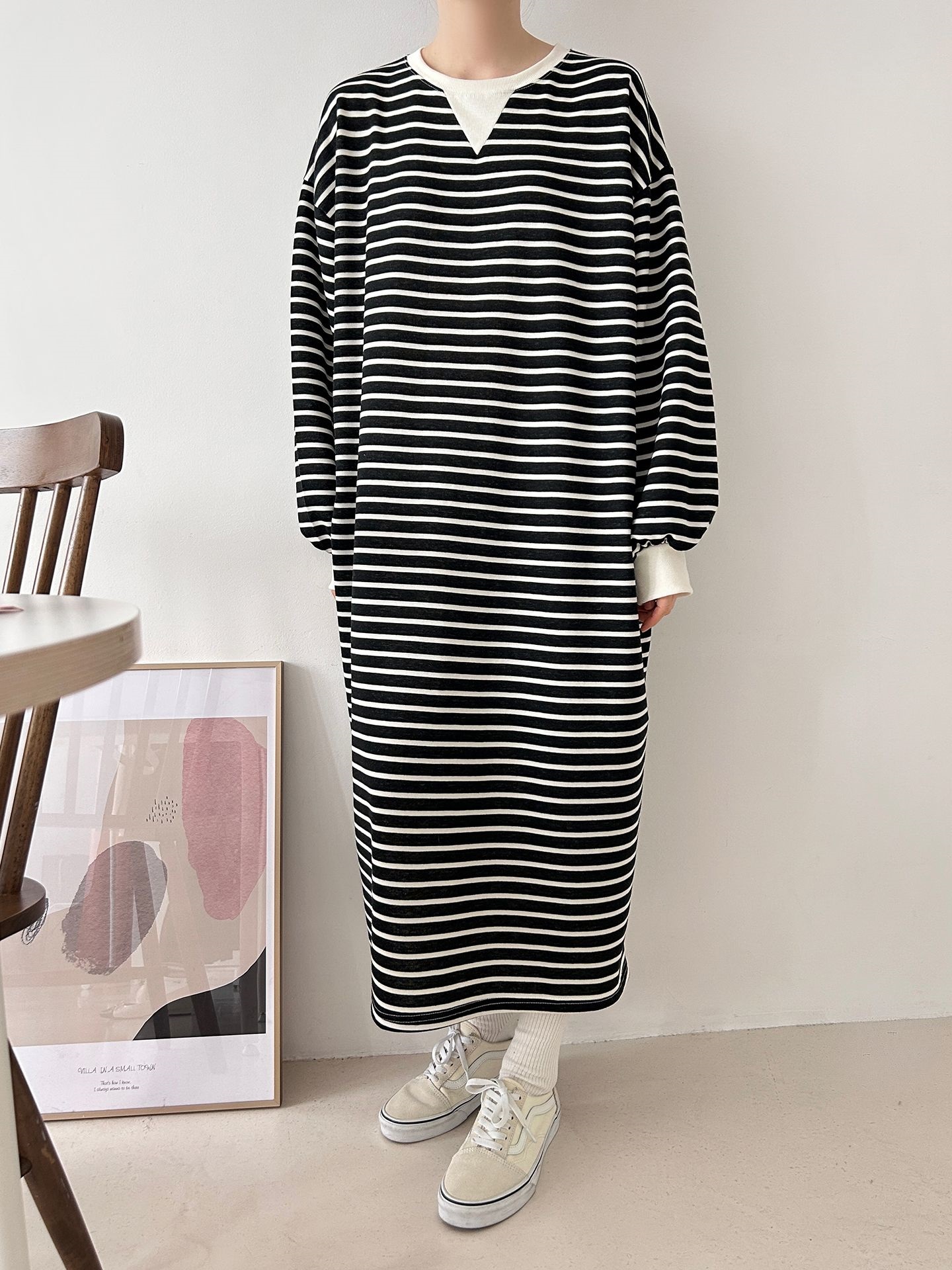 裏起毛ラウンドネックボクシーロングボーダーカラーワンピース | 詳細画像30