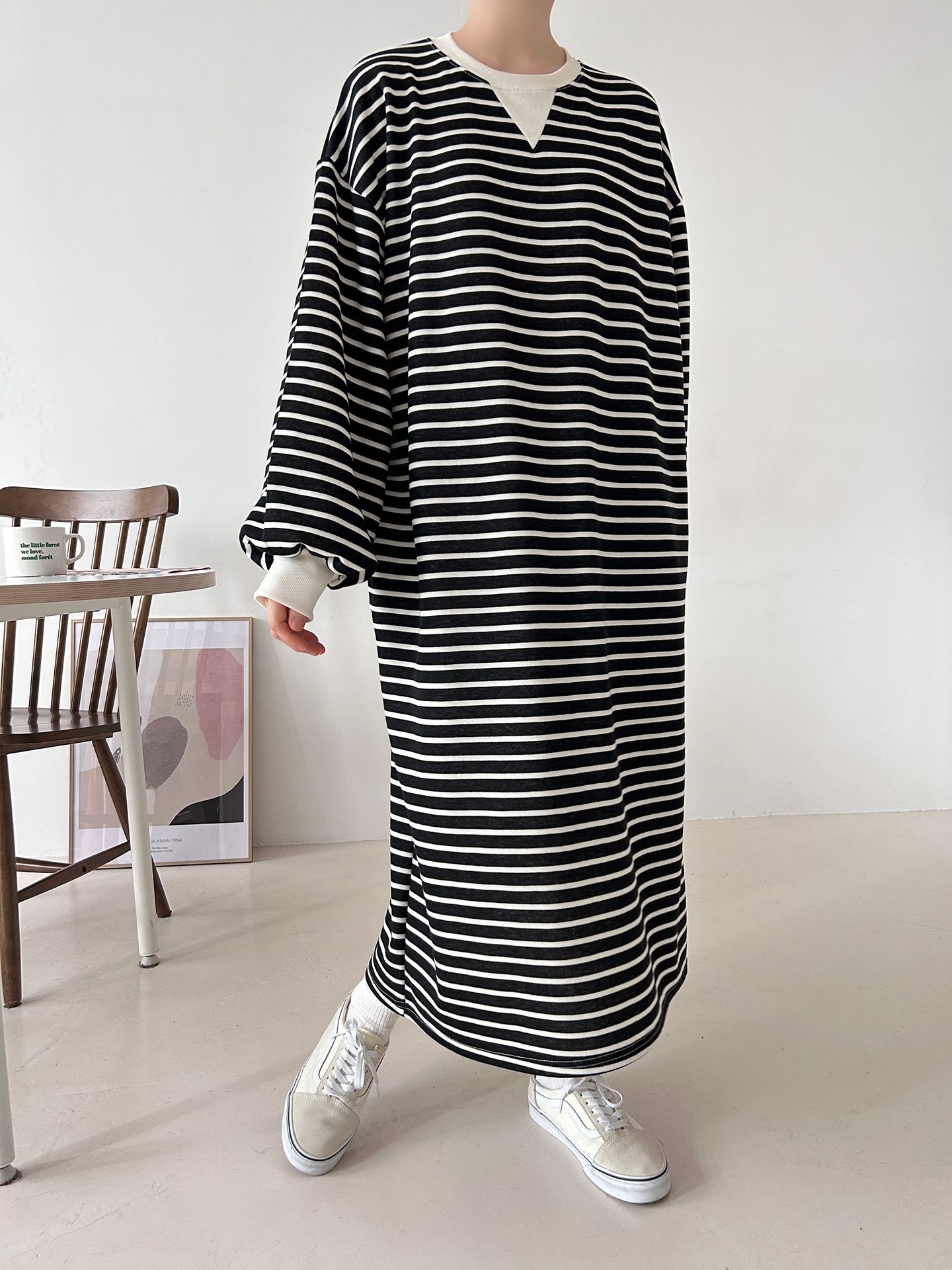 裏起毛ラウンドネックボクシーロングボーダーカラーワンピース | 詳細画像31