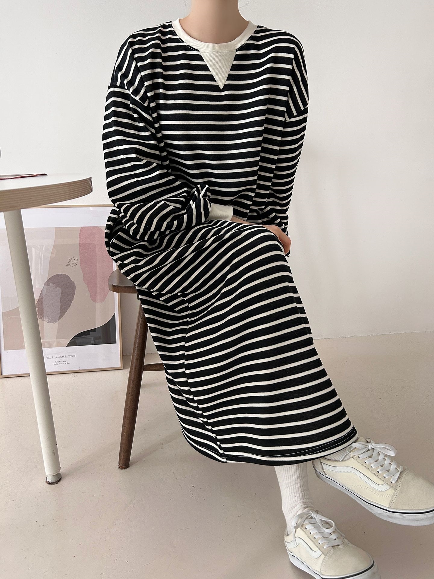 裏起毛ラウンドネックボクシーロングボーダーカラーワンピース | 詳細画像32