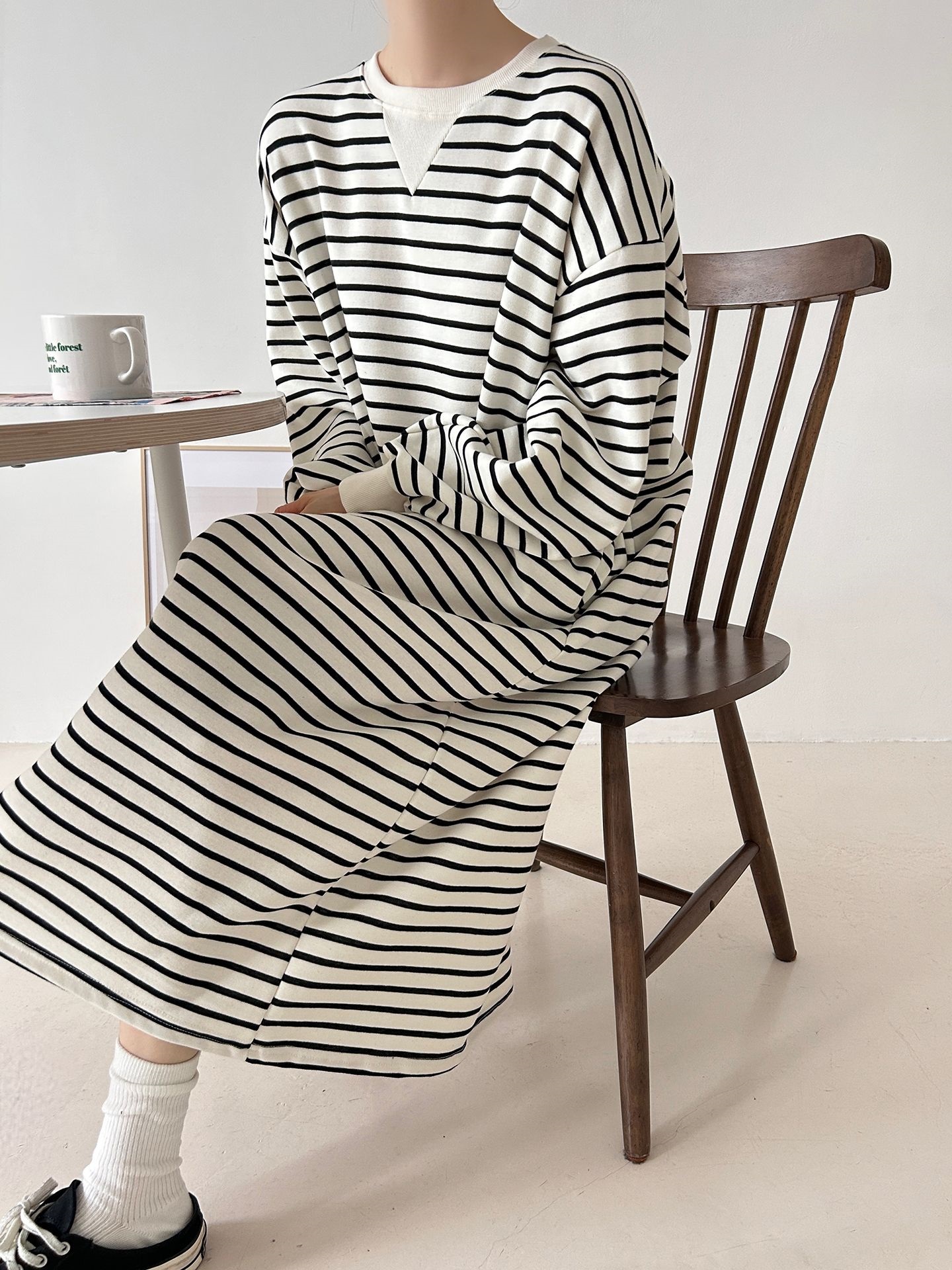 裏起毛ラウンドネックボクシーロングボーダーカラーワンピース | 詳細画像33