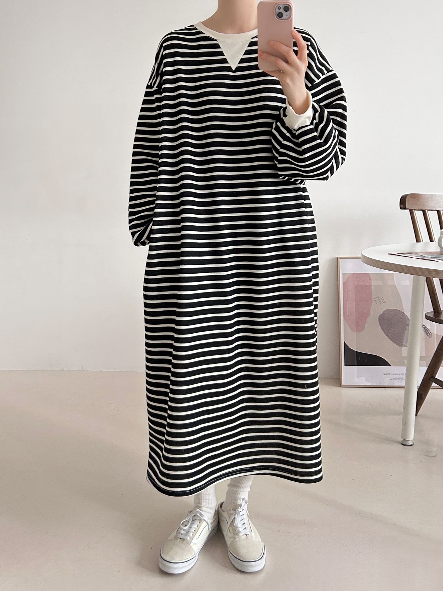 裏起毛ラウンドネックボクシーロングボーダーカラーワンピース | 詳細画像34