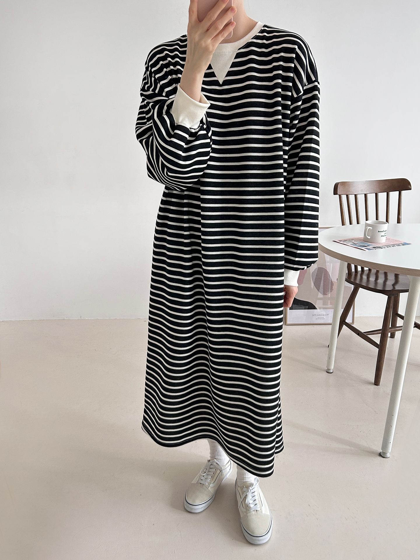 裏起毛ラウンドネックボクシーロングボーダーカラーワンピース | 詳細画像35