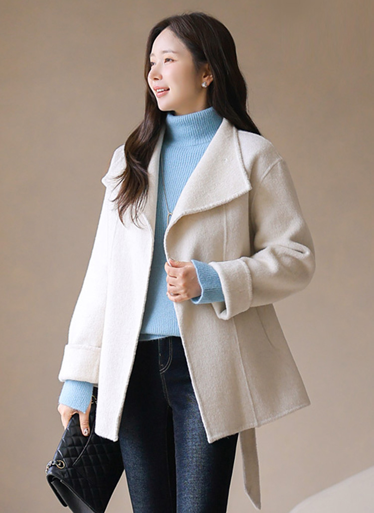 ounce 韓国 ハーフコート ストラップ付ウール混シンプルワンボタンハーフコート | レディース