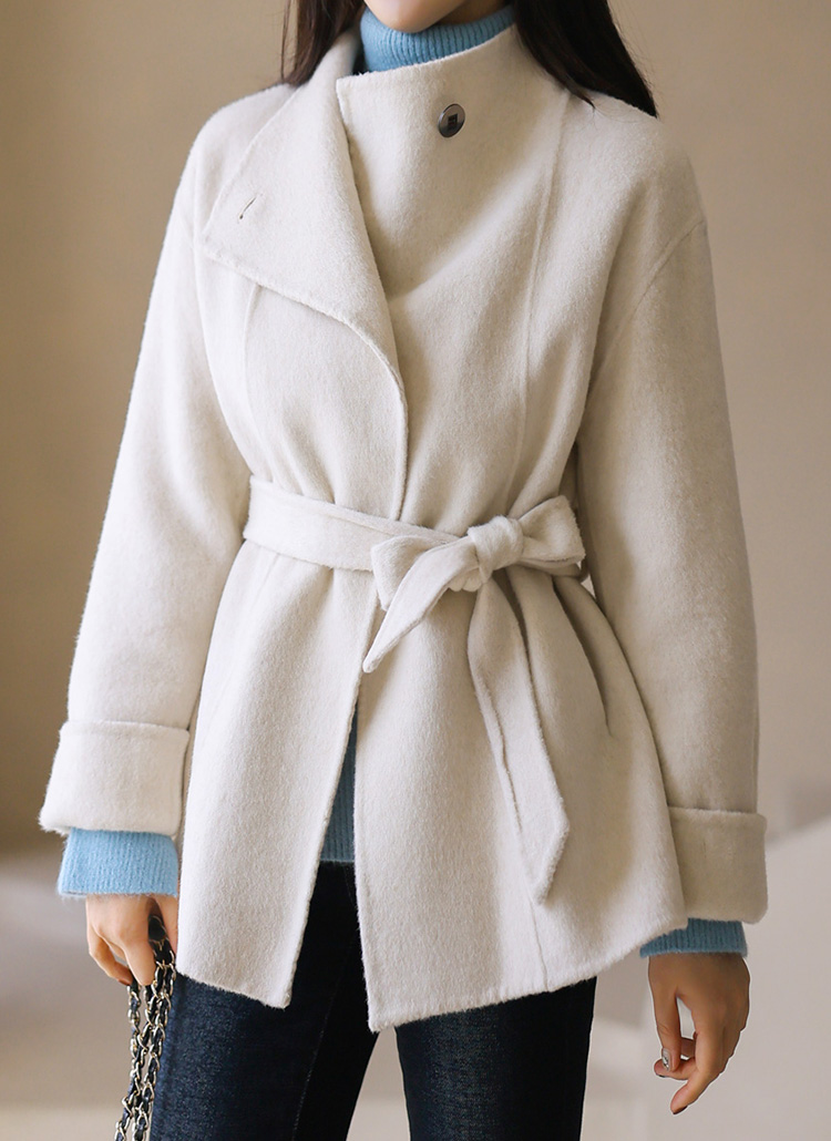 ストラップ付ウール混シンプルワンボタンハーフコート | レディース