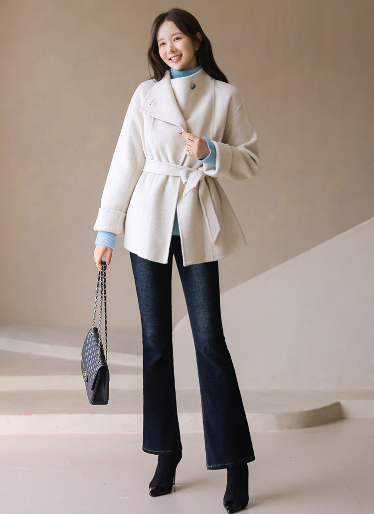 ストラップ付ウール混シンプルワンボタンハーフコート | レディース