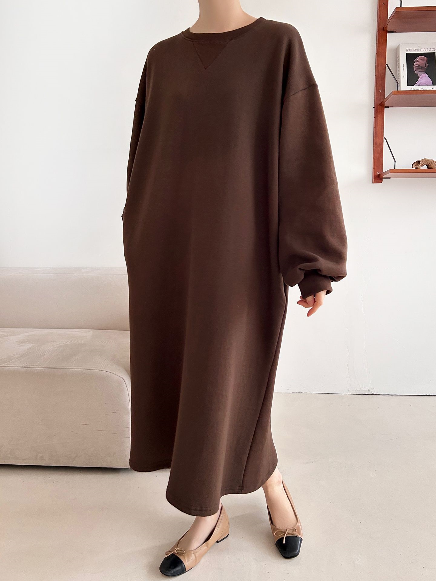 裏起毛ボクシーロング無地カラーワンピース | 詳細画像3