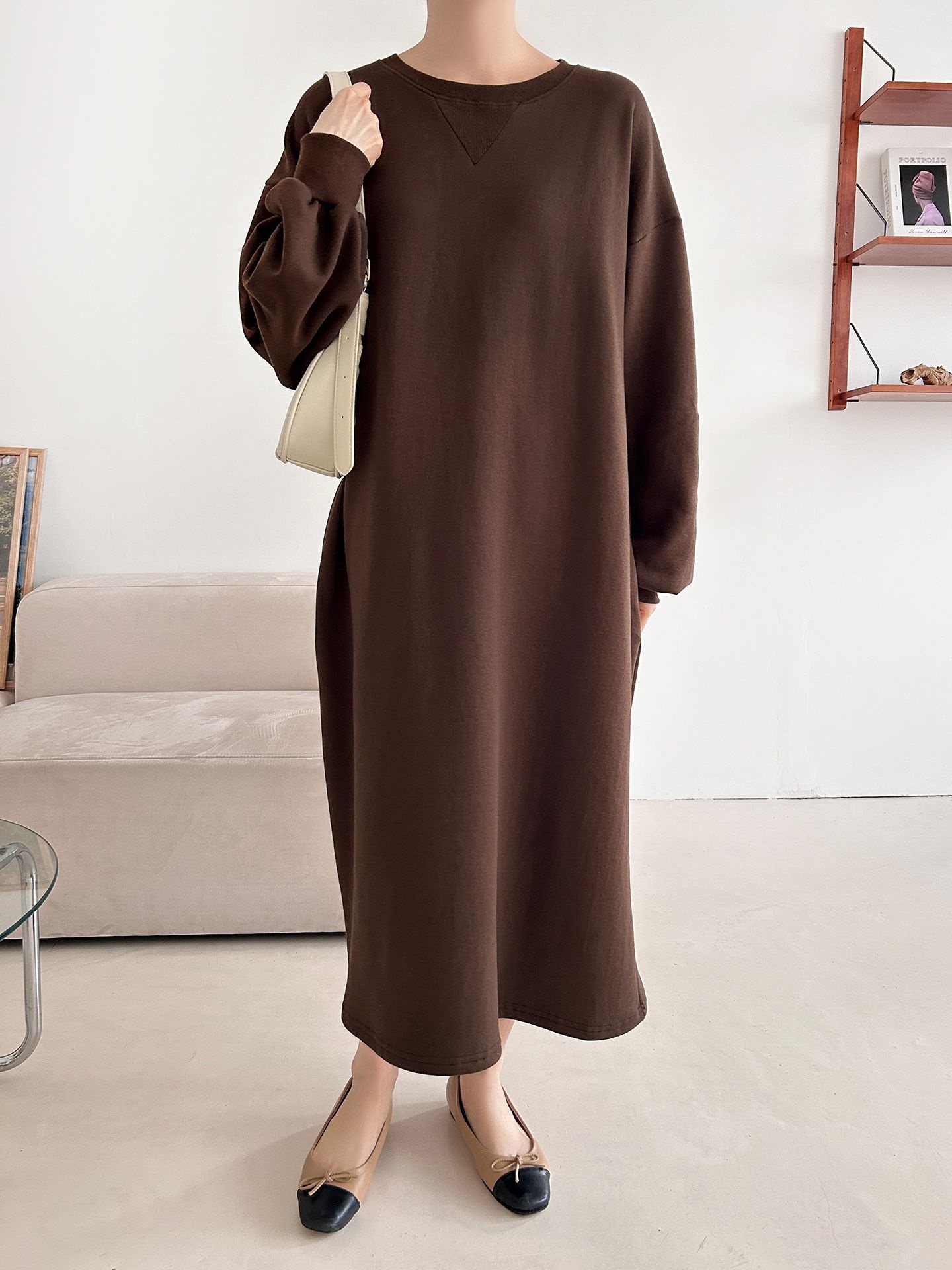 裏起毛ボクシーロング無地カラーワンピース | 詳細画像9