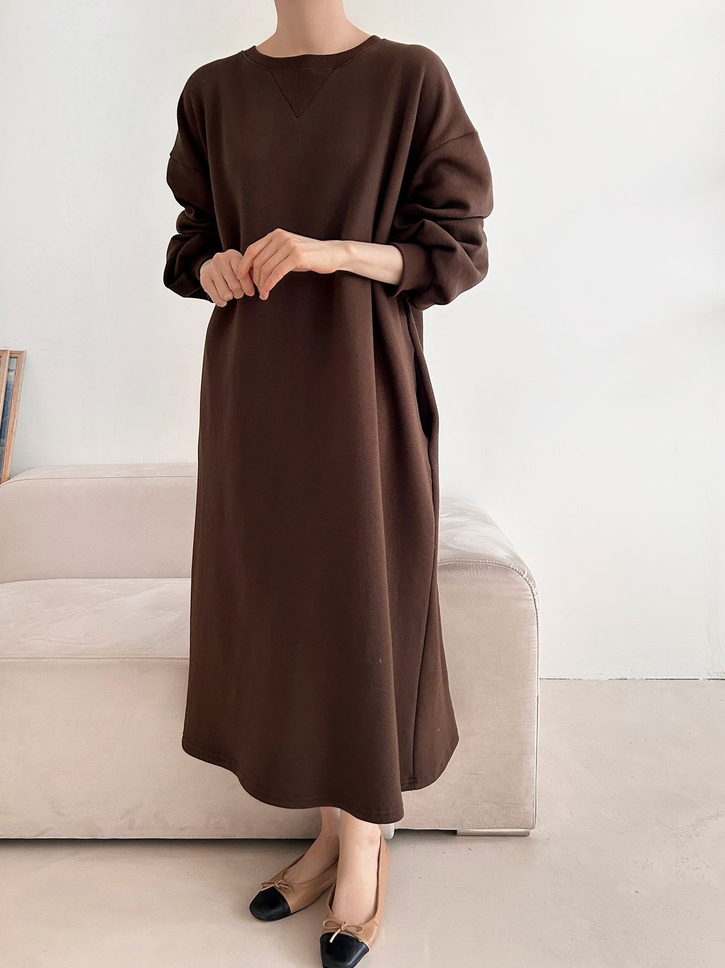 裏起毛ボクシーロング無地カラーワンピース | 詳細画像12