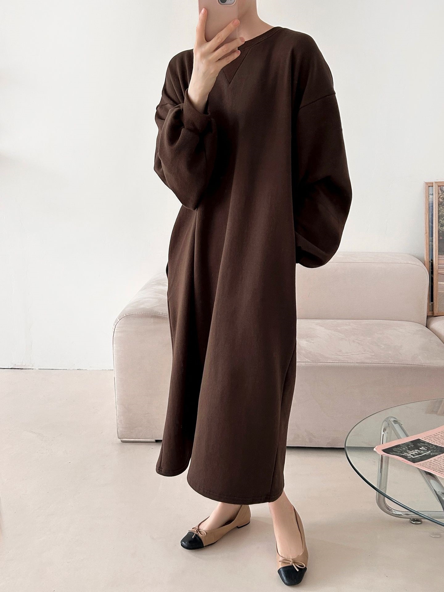 裏起毛ボクシーロング無地カラーワンピース | 詳細画像13