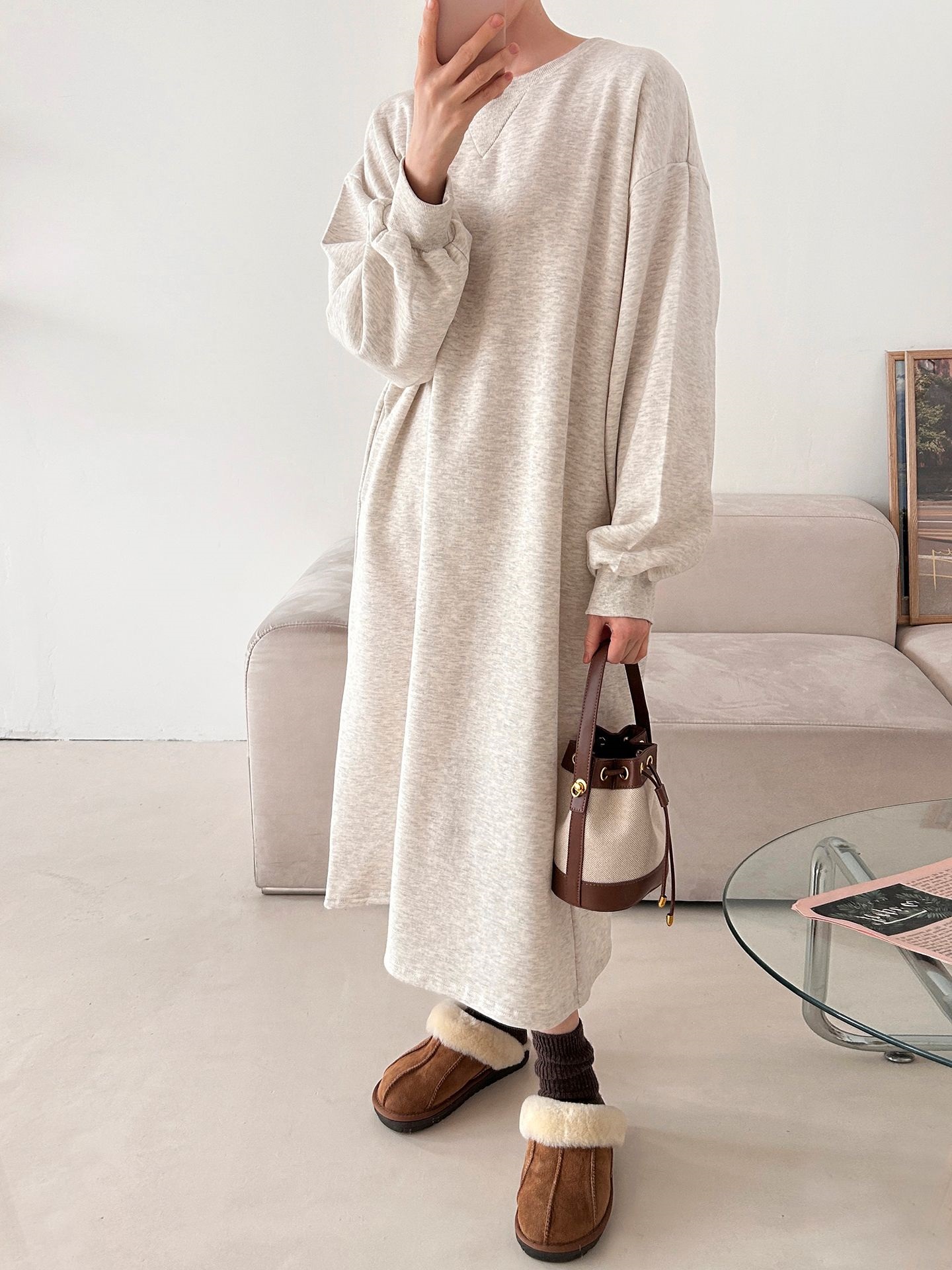 裏起毛ボクシーロング無地カラーワンピース | 詳細画像16