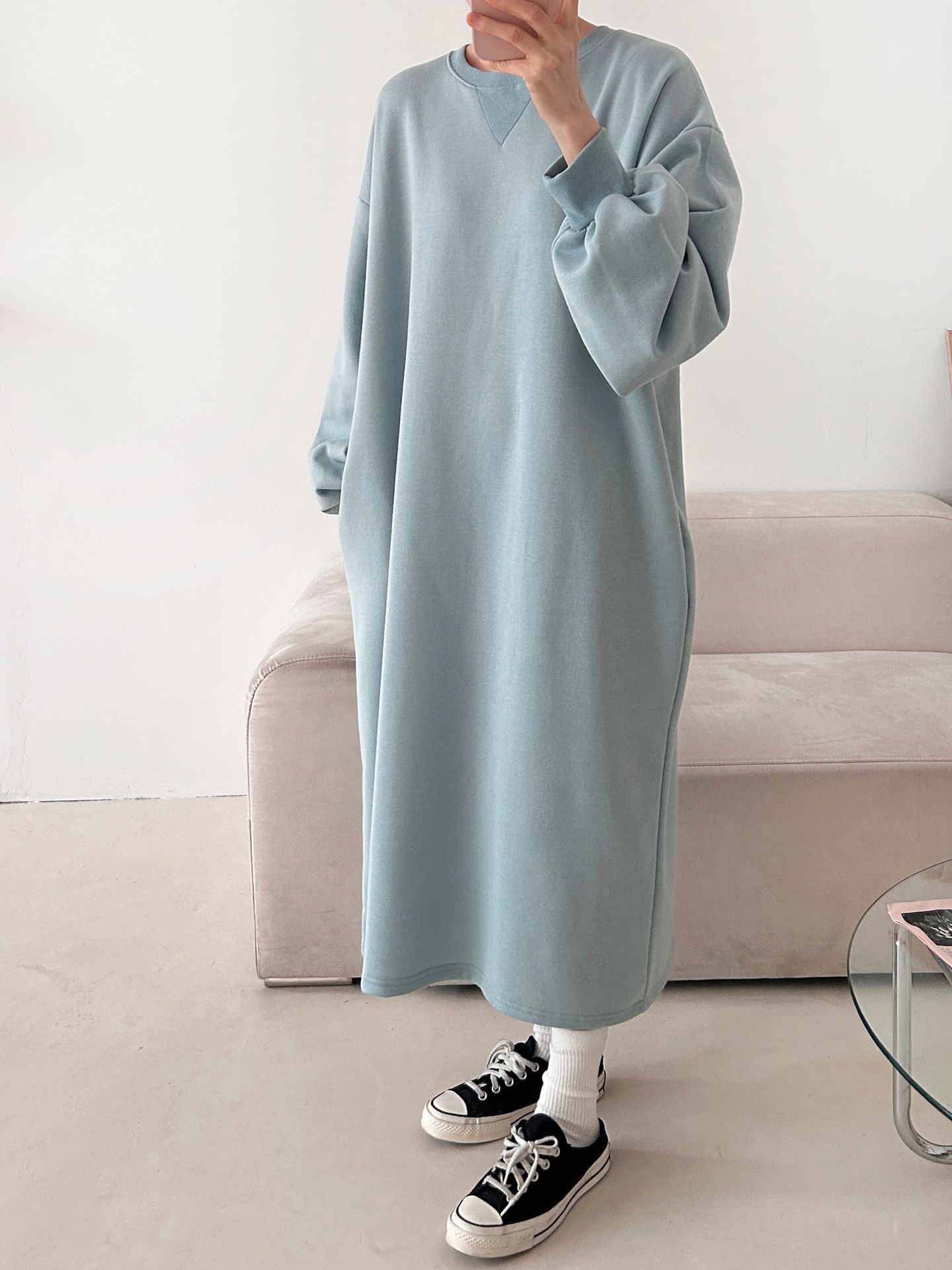 裏起毛ボクシーロング無地カラーワンピース | 詳細画像35