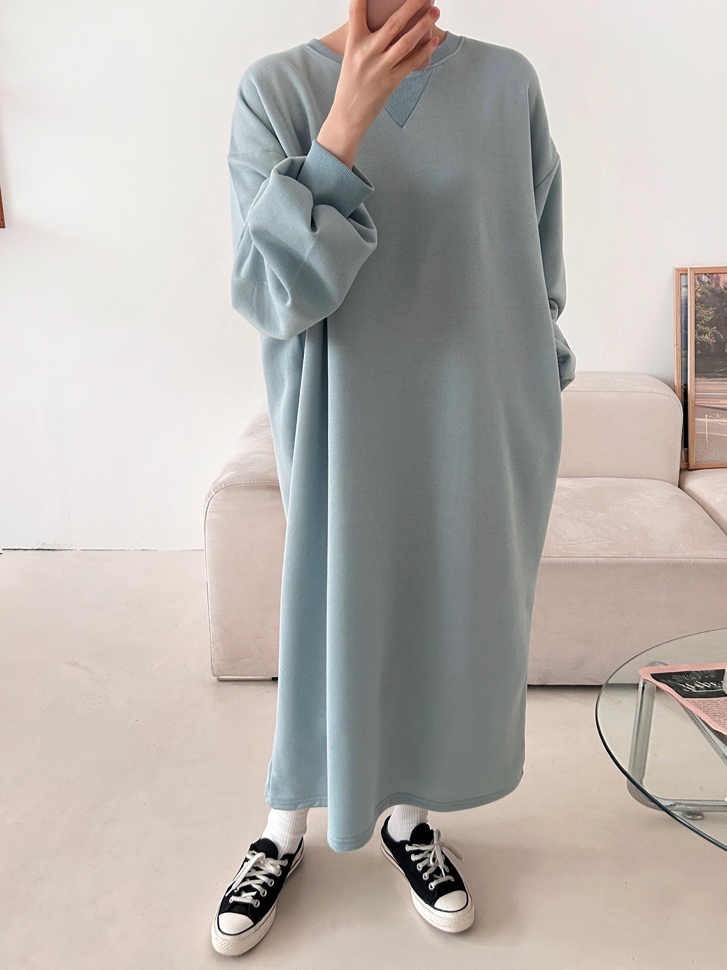 裏起毛ボクシーロング無地カラーワンピース | 詳細画像39