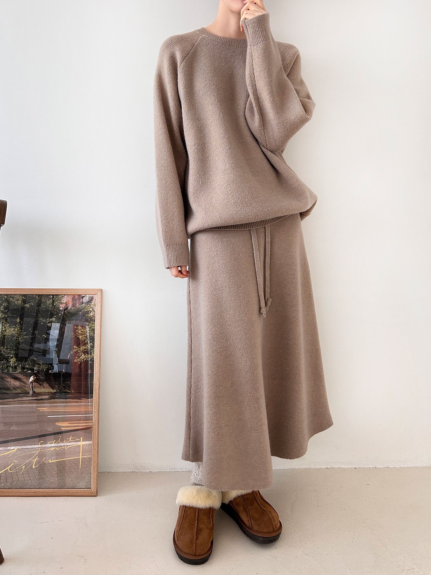 ラウンドネックドローストリングウエストゴムロング長袖無地カラーセットアップ | 詳細画像4