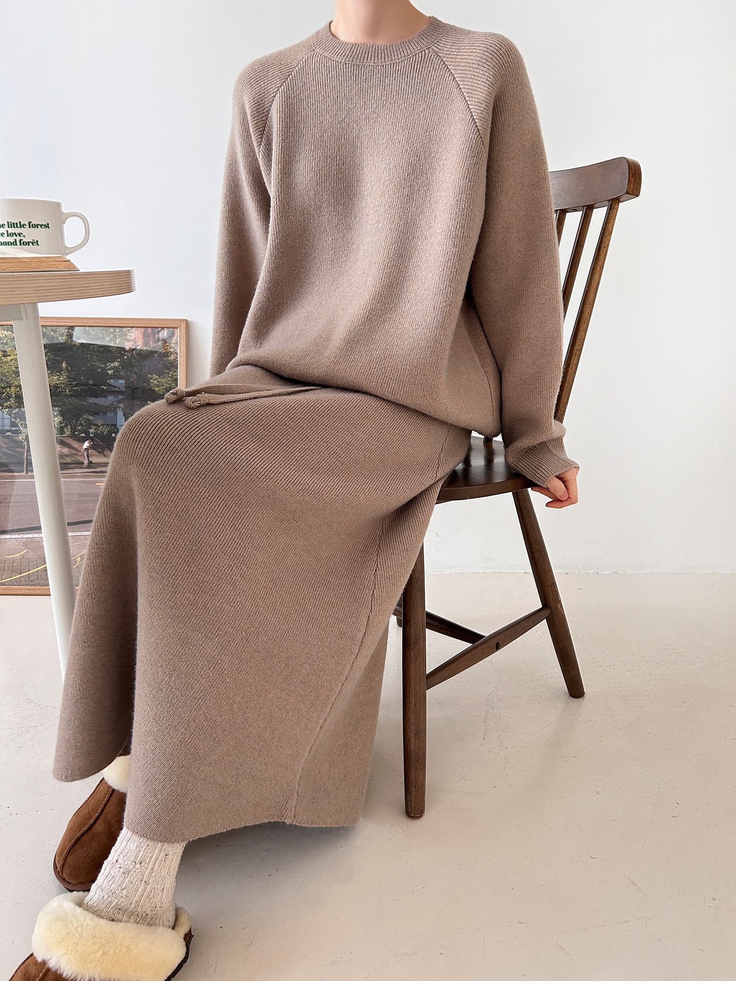 ラウンドネックドローストリングウエストゴムロング長袖無地カラーセットアップ | 詳細画像13