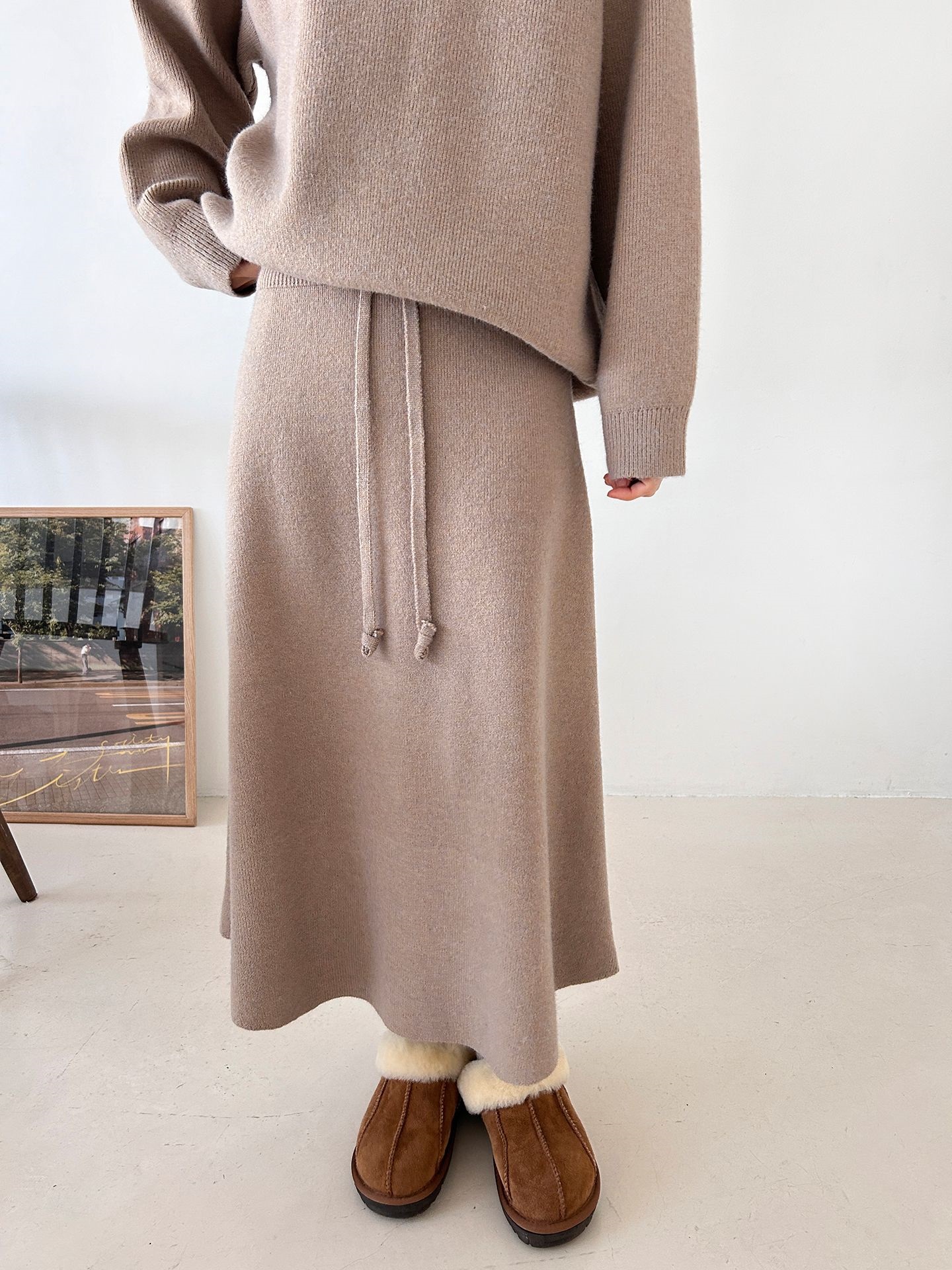 ラウンドネックドローストリングウエストゴムロング長袖無地カラーセットアップ | 詳細画像15