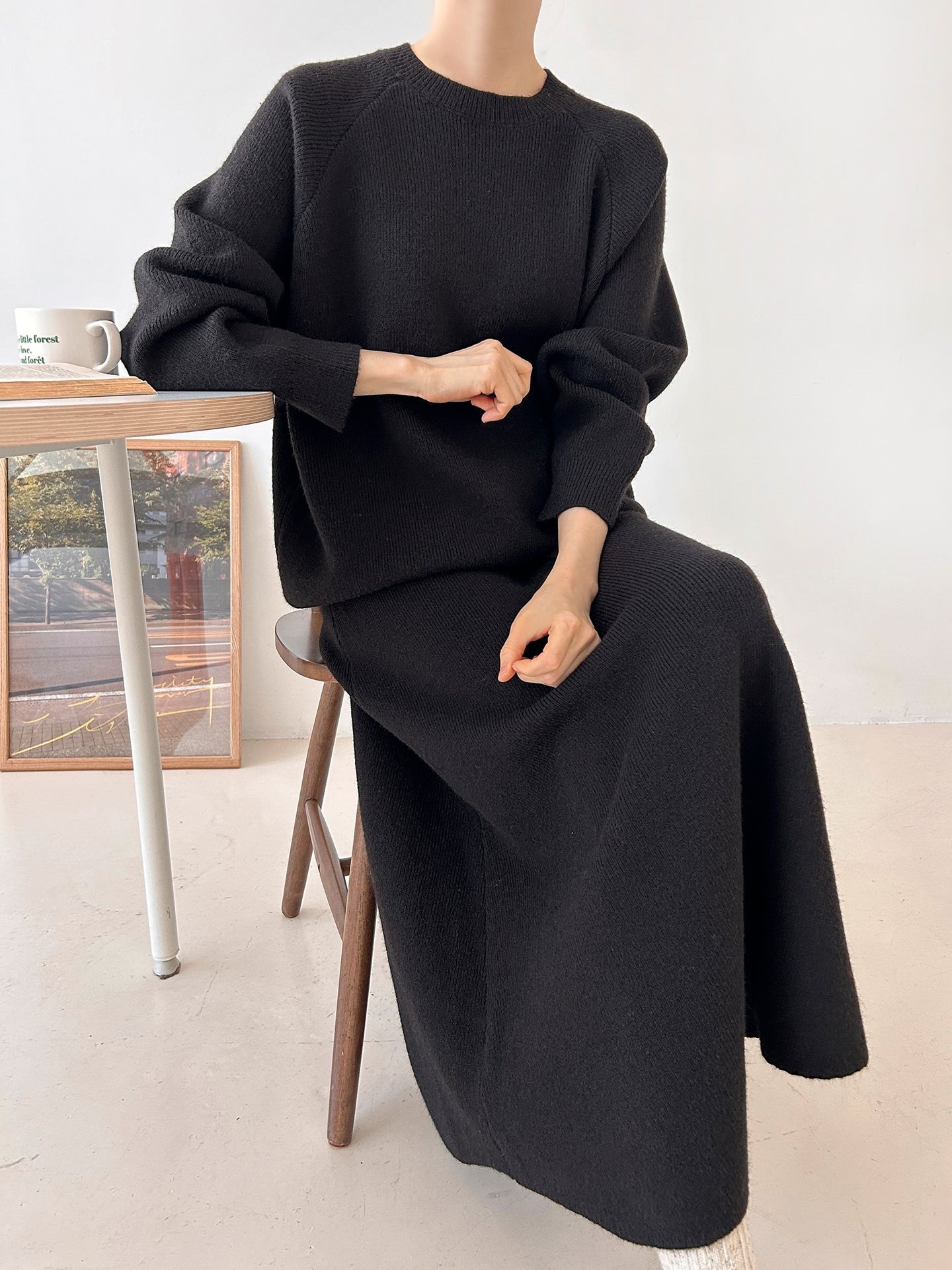 ラウンドネックドローストリングウエストゴムロング長袖無地カラーセットアップ | 詳細画像17