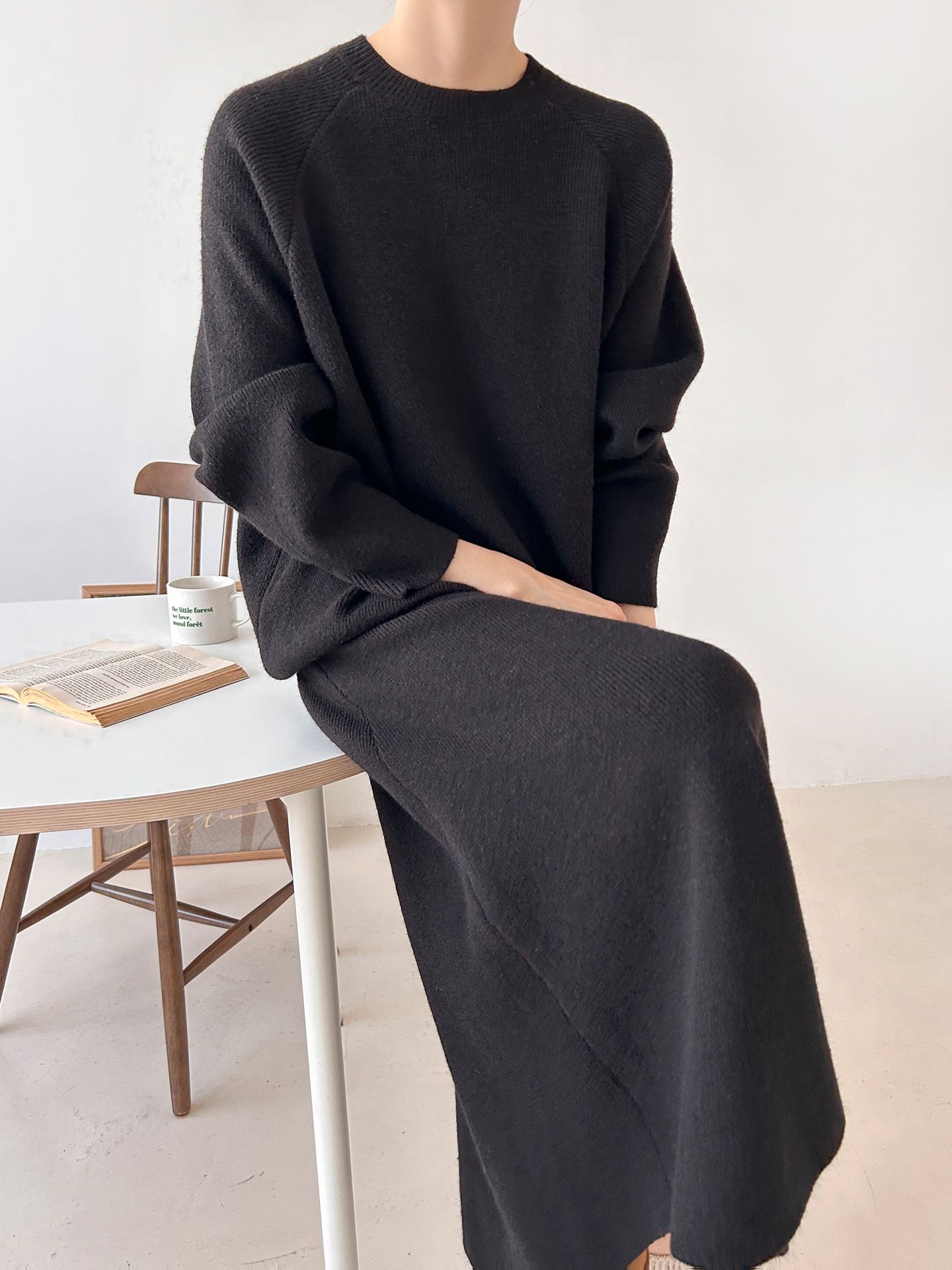 ラウンドネックドローストリングウエストゴムロング長袖無地カラーセットアップ | 詳細画像18