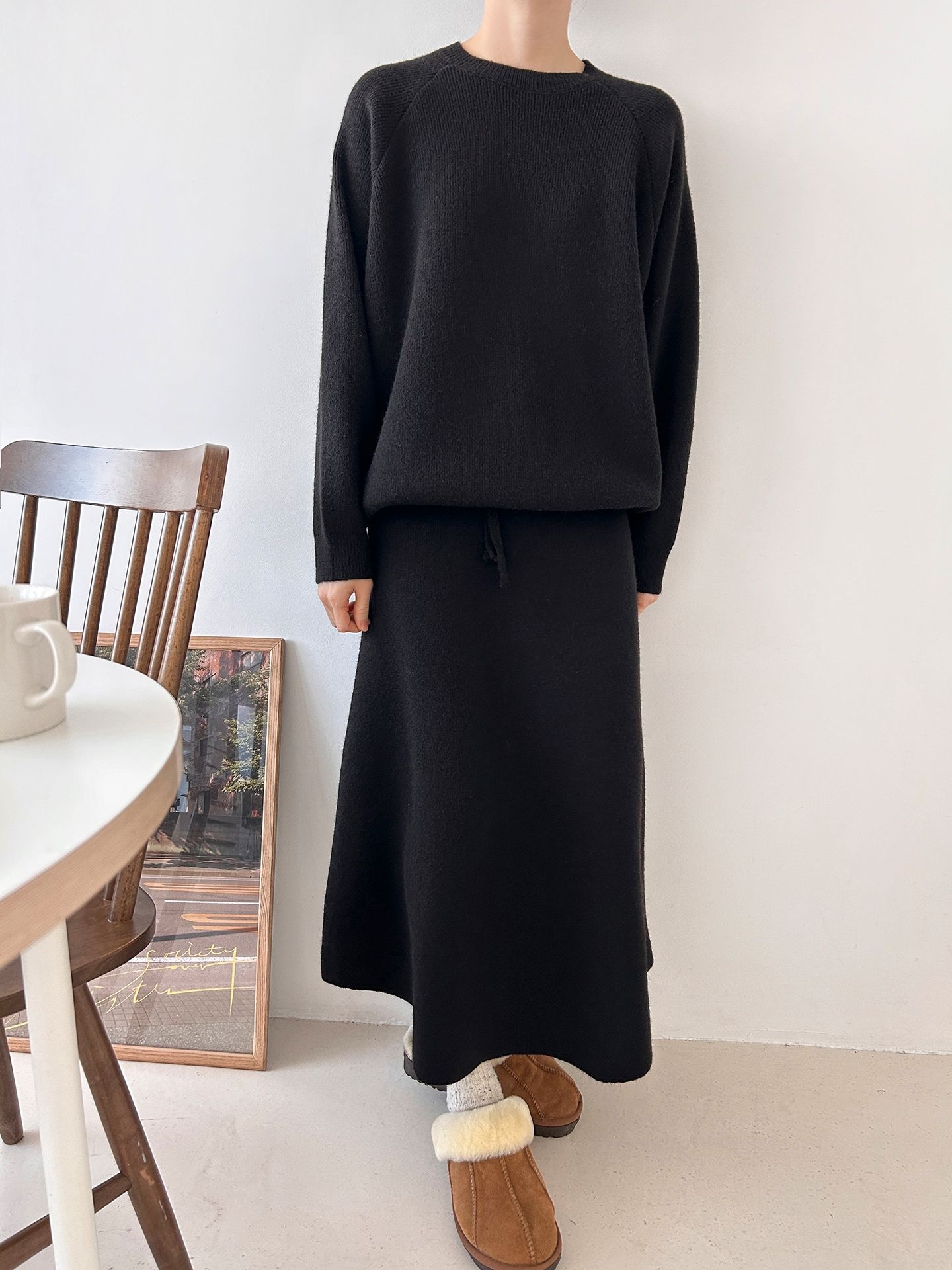 ラウンドネックドローストリングウエストゴムロング長袖無地カラーセットアップ | 詳細画像22