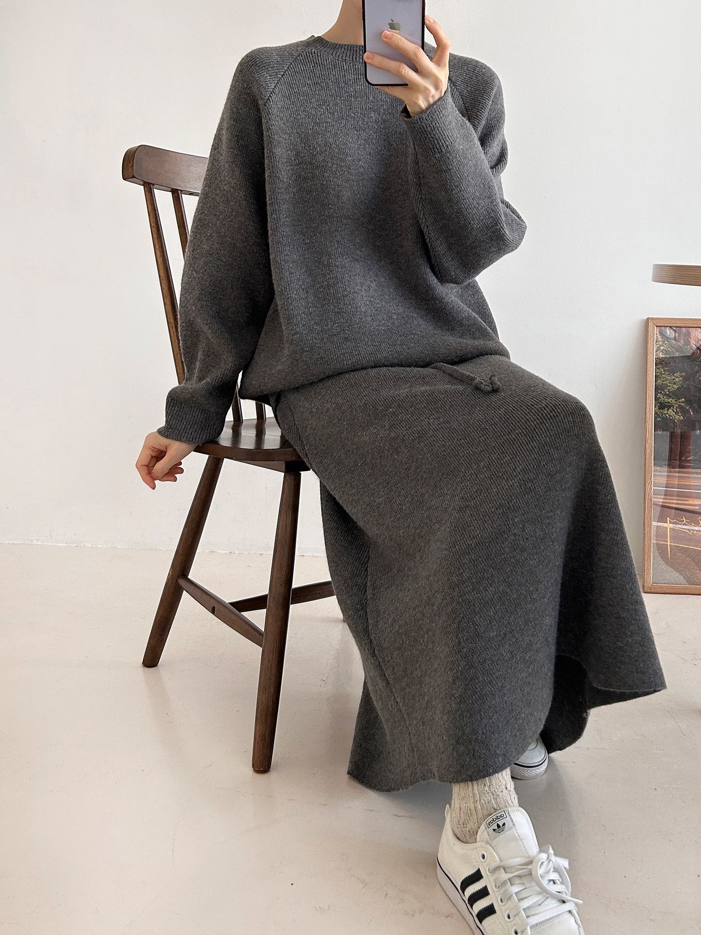 ラウンドネックドローストリングウエストゴムロング長袖無地カラーセットアップ | 詳細画像26