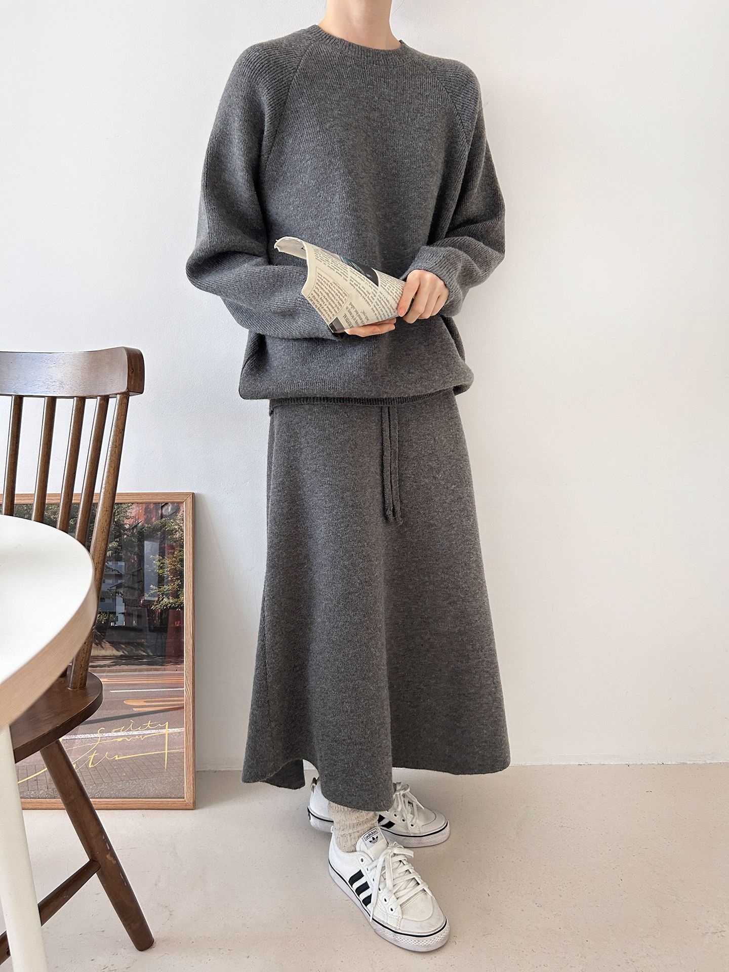 ラウンドネックドローストリングウエストゴムロング長袖無地カラーセットアップ | 詳細画像28