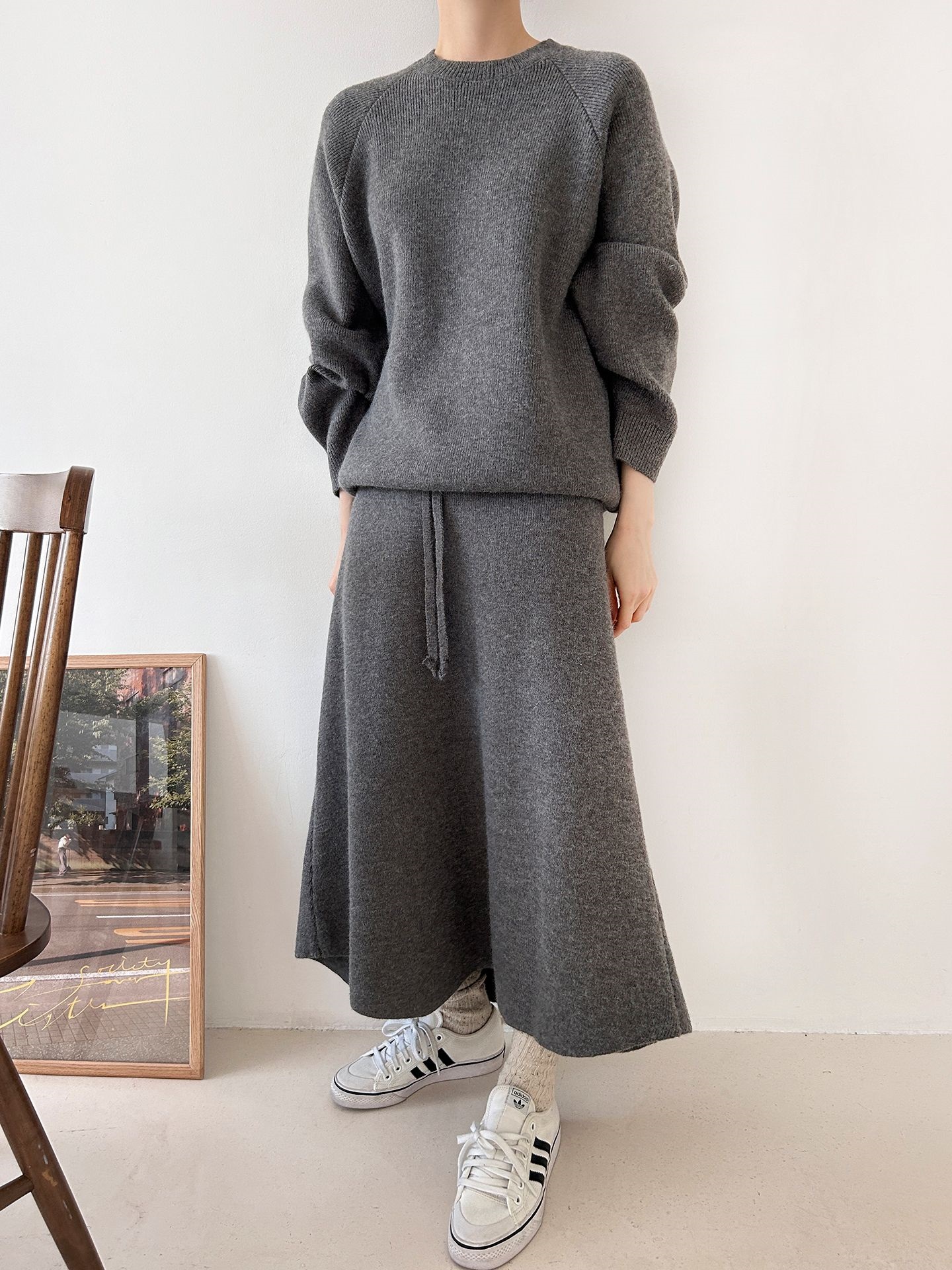 ラウンドネックドローストリングウエストゴムロング長袖無地カラーセットアップ | 詳細画像31