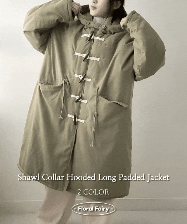 フードトグルボタンオーバーサイズロングショールカラーダウン