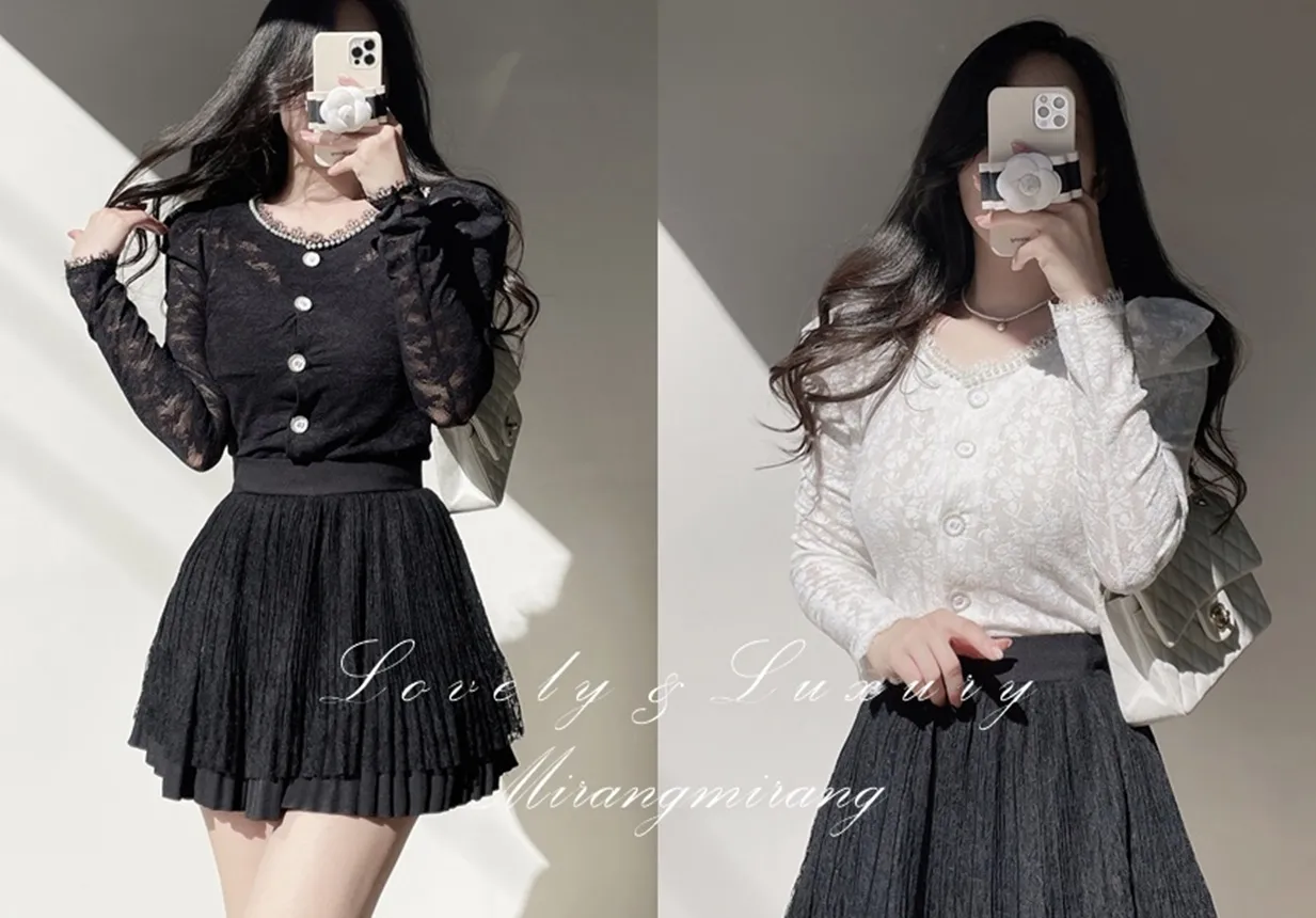 エコパールラウンドネックボタンレース花柄ブラウス | mirangmirang | 詳細画像1