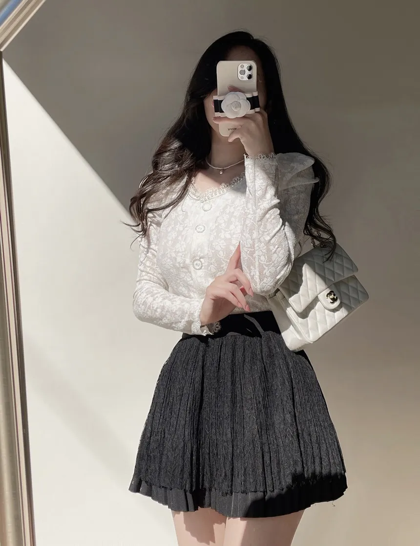 エコパールラウンドネックボタンレース花柄ブラウス | mirangmirang | 詳細画像5