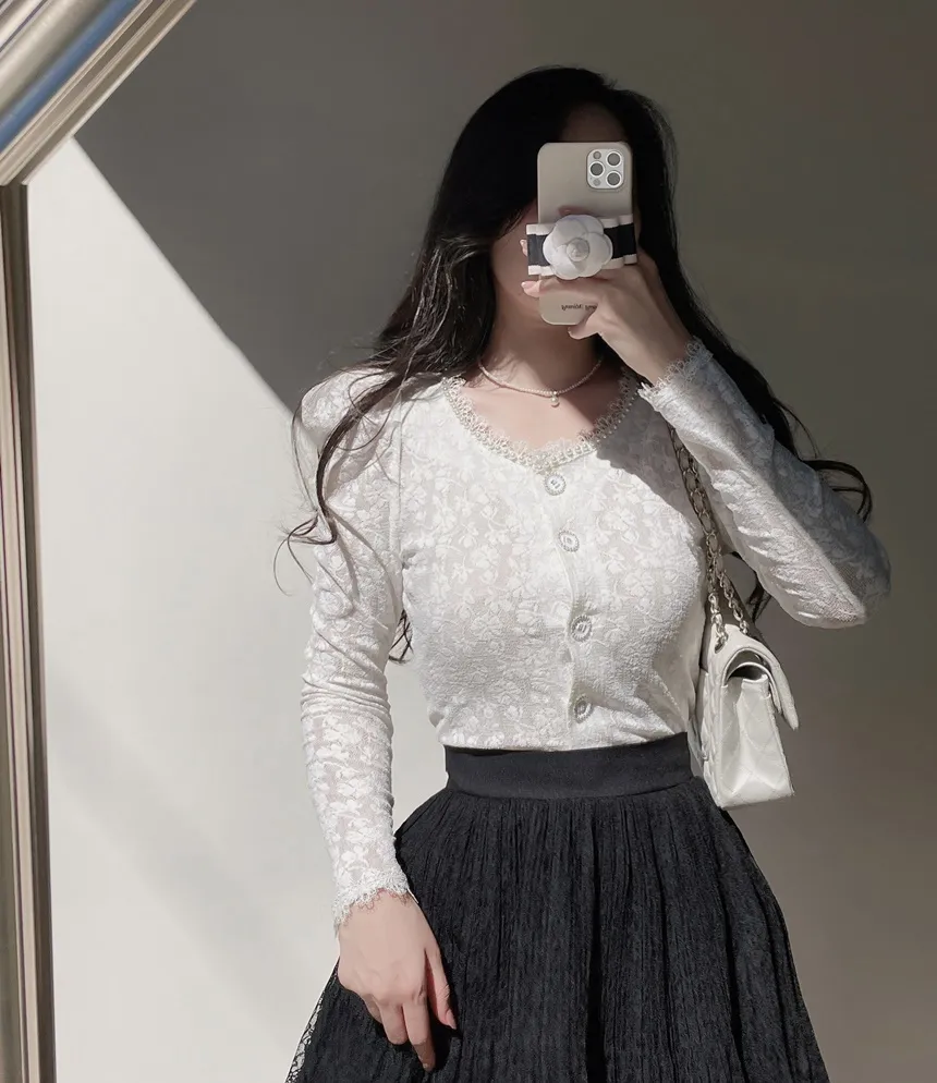 エコパールラウンドネックボタンレース花柄ブラウス | mirangmirang | 詳細画像10