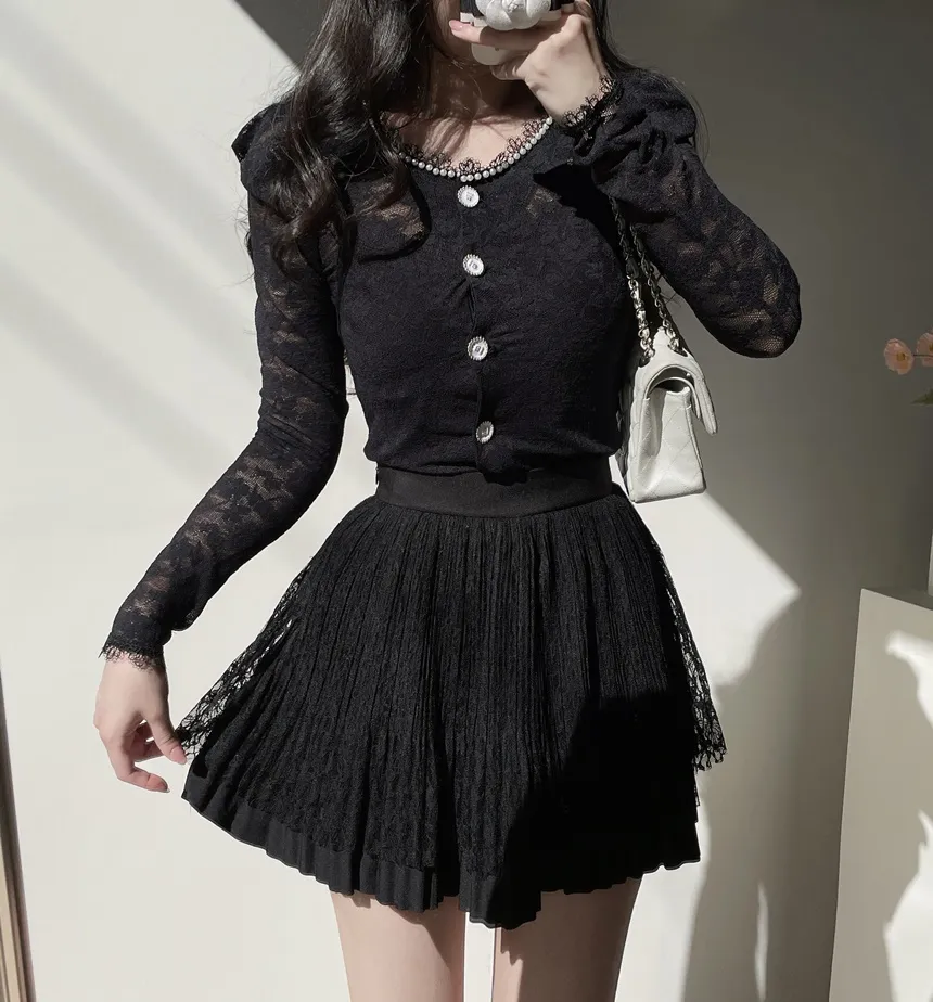 エコパールラウンドネックボタンレース花柄ブラウス | mirangmirang | 詳細画像12